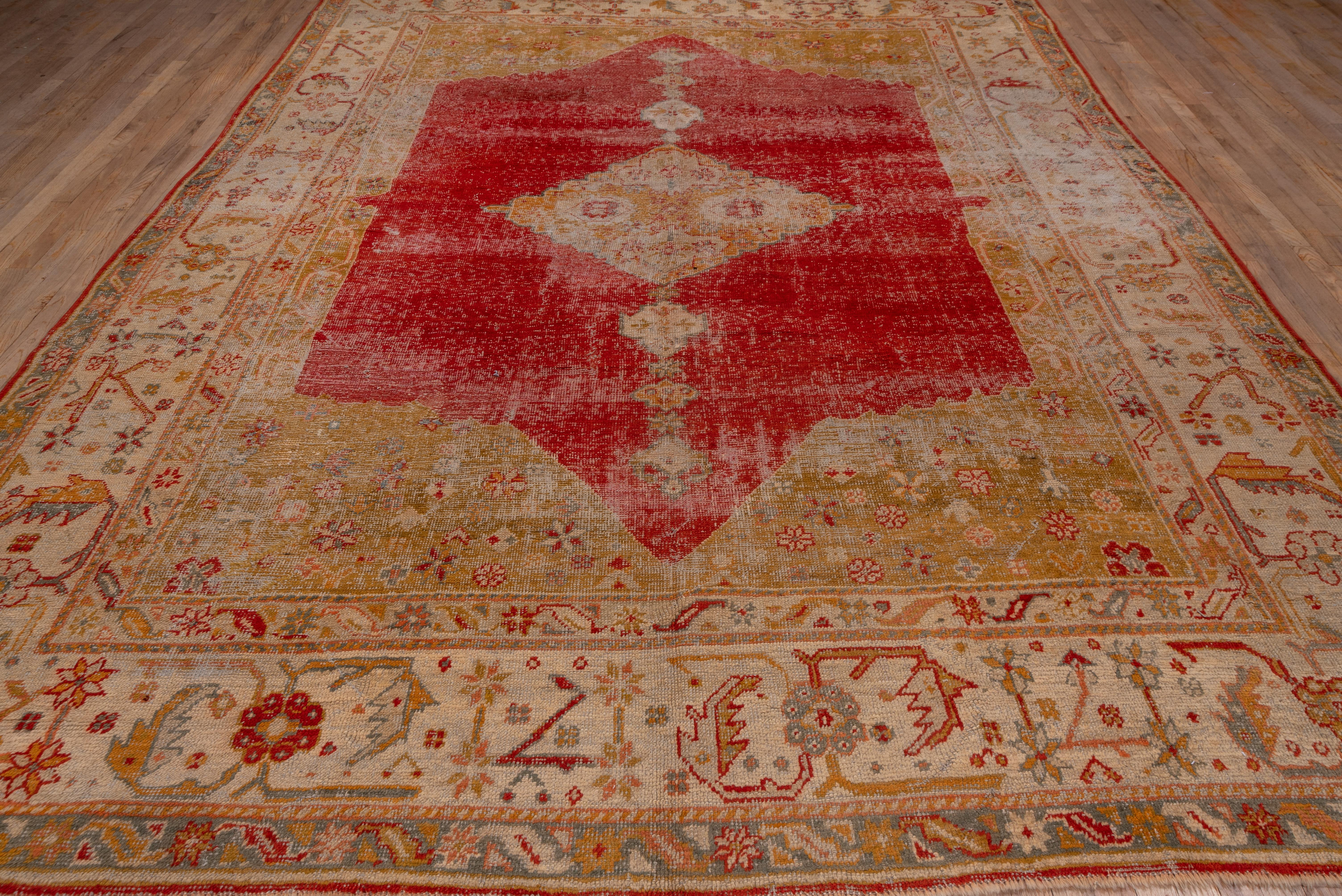 Distressed Antique Turkish Oushak Carpet, Red and Gold In Good Condition For Sale In New York, NY