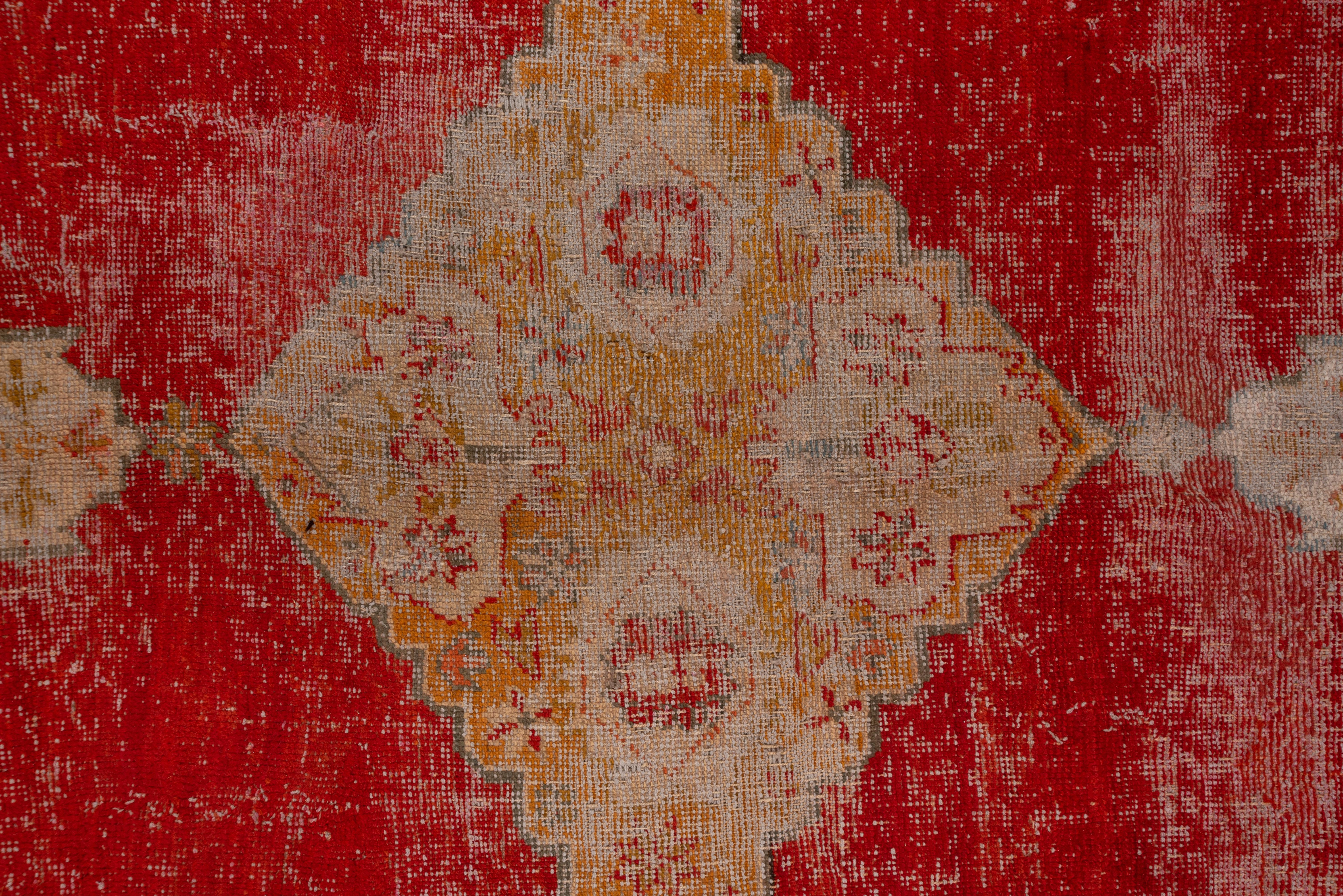 Early 20th Century Distressed Antique Turkish Oushak Carpet, Red and Gold For Sale