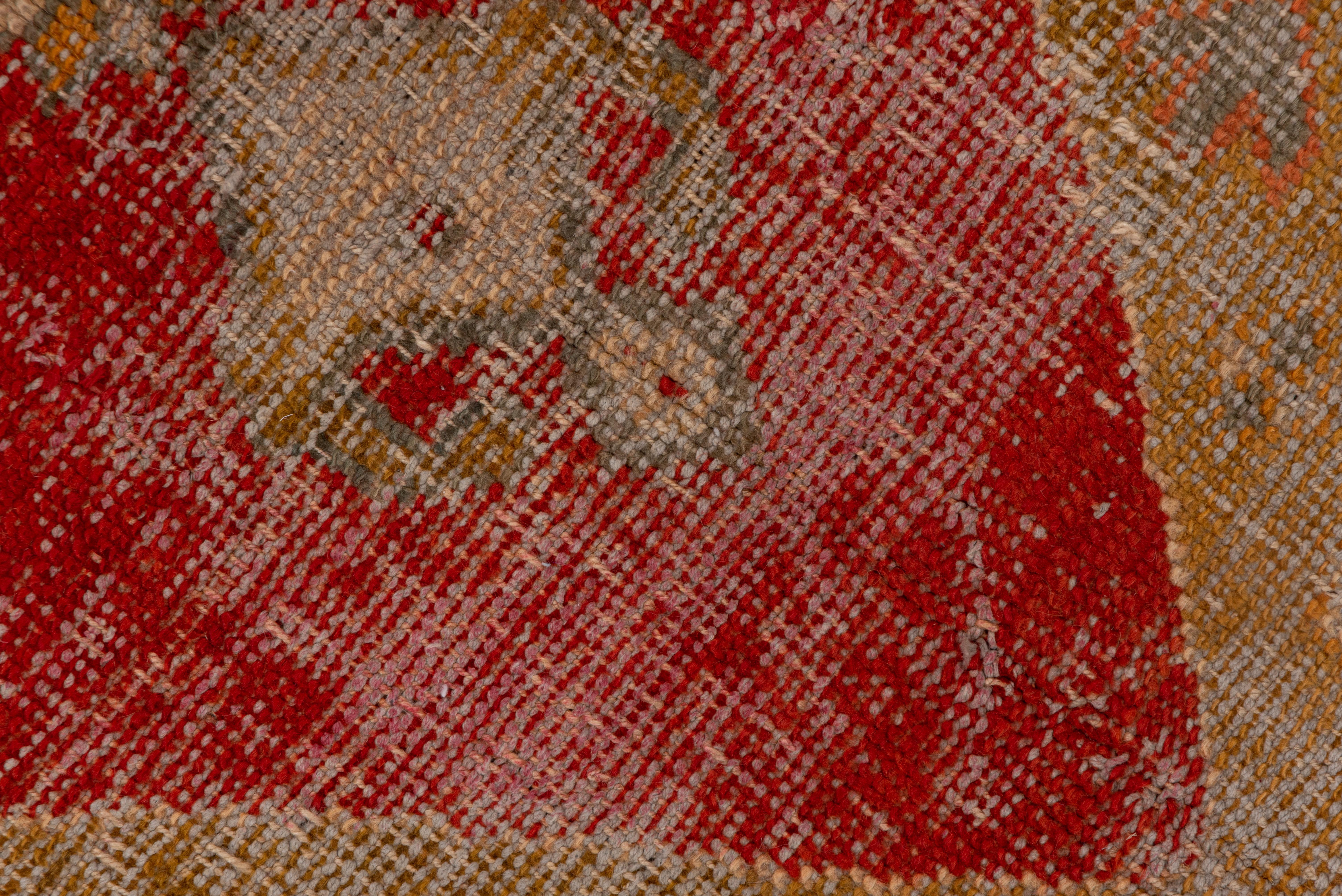 Wool Distressed Antique Turkish Oushak Carpet, Red and Gold For Sale