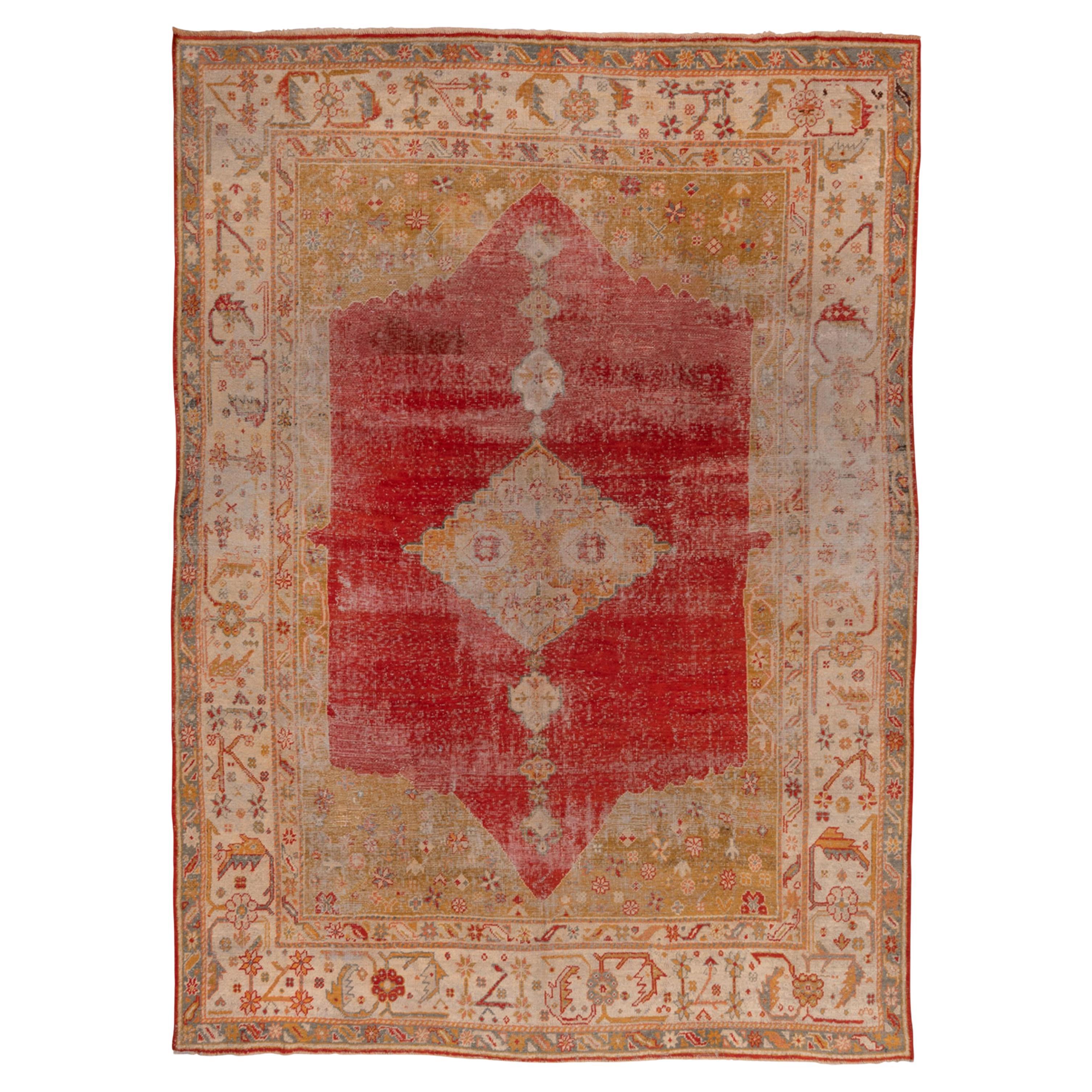 Distressed Antique Turkish Oushak Carpet, Red and Gold For Sale