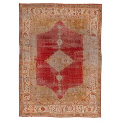 Tapis turc antique Oushak en mauvais état, rouge et or