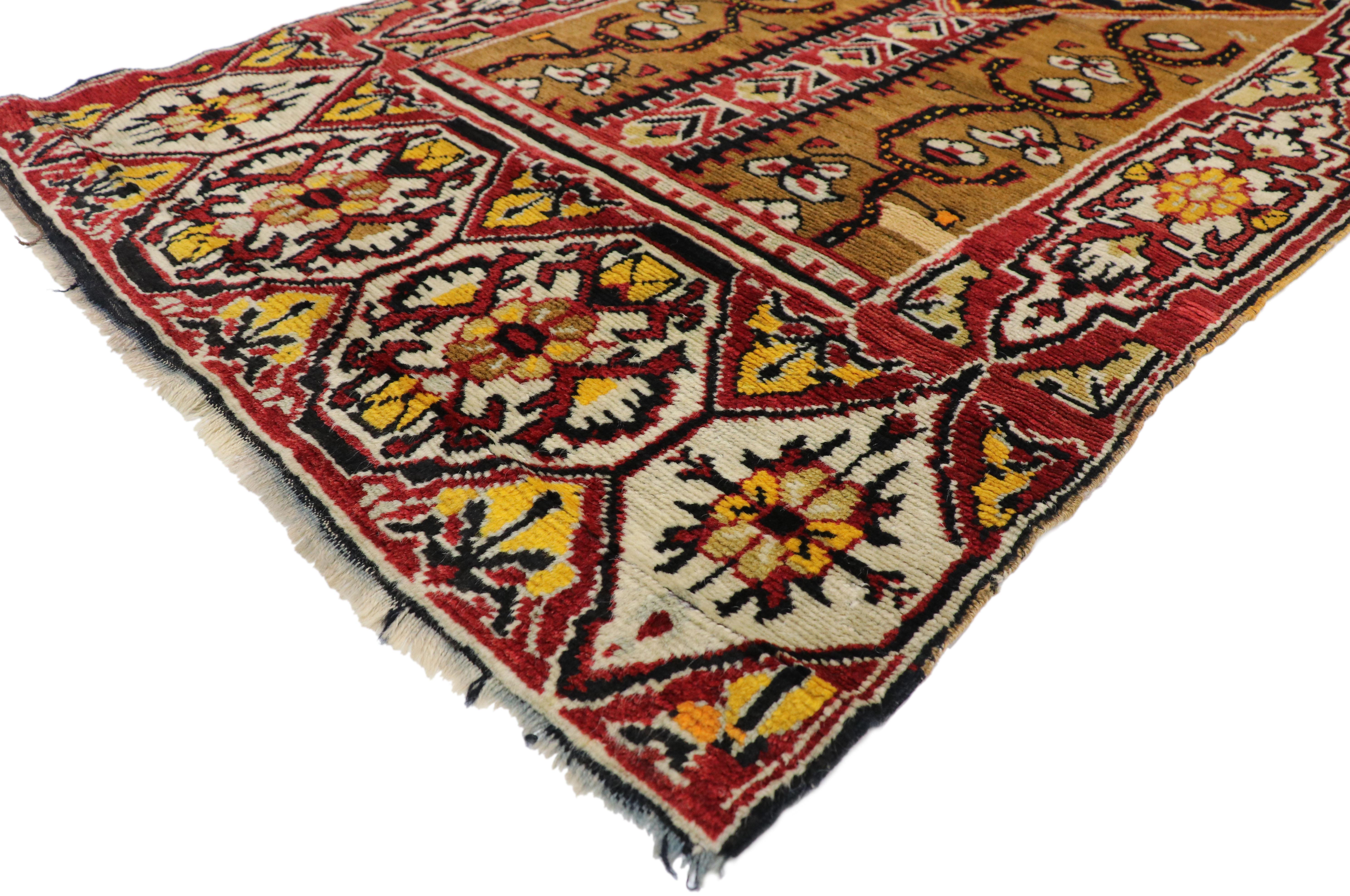52196 distressed antique Turkish Oushak Hallway runner with Artisan Tribal style. Full of character and stately presence, this hand-knotted wool antique Turkish Oushak runner with Modern style features an intrinsic geometric pattern composed of two