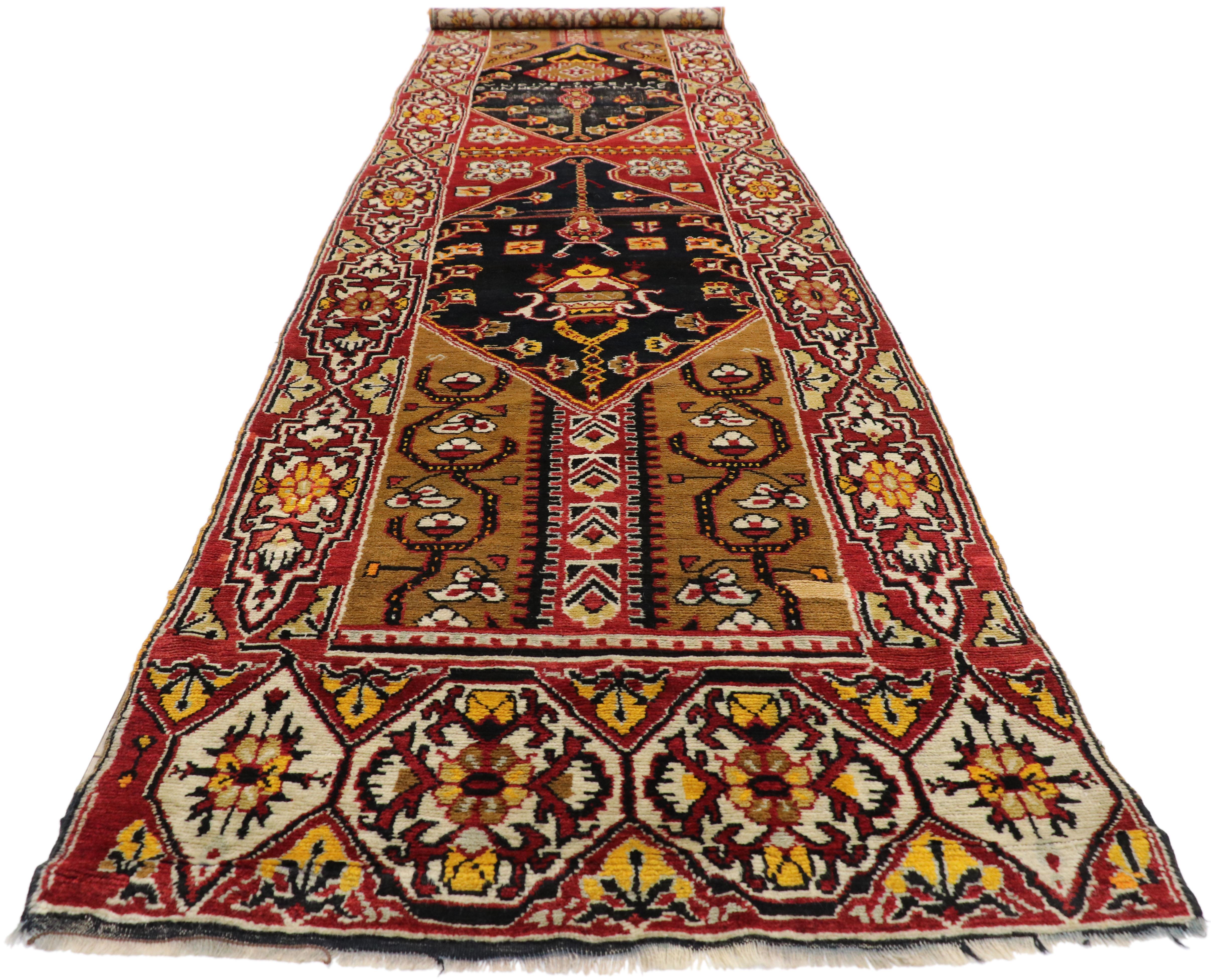 Hand-Knotted Distressed Antique Turkish Oushak Hallway Runner with Artisan Tribal Style For Sale