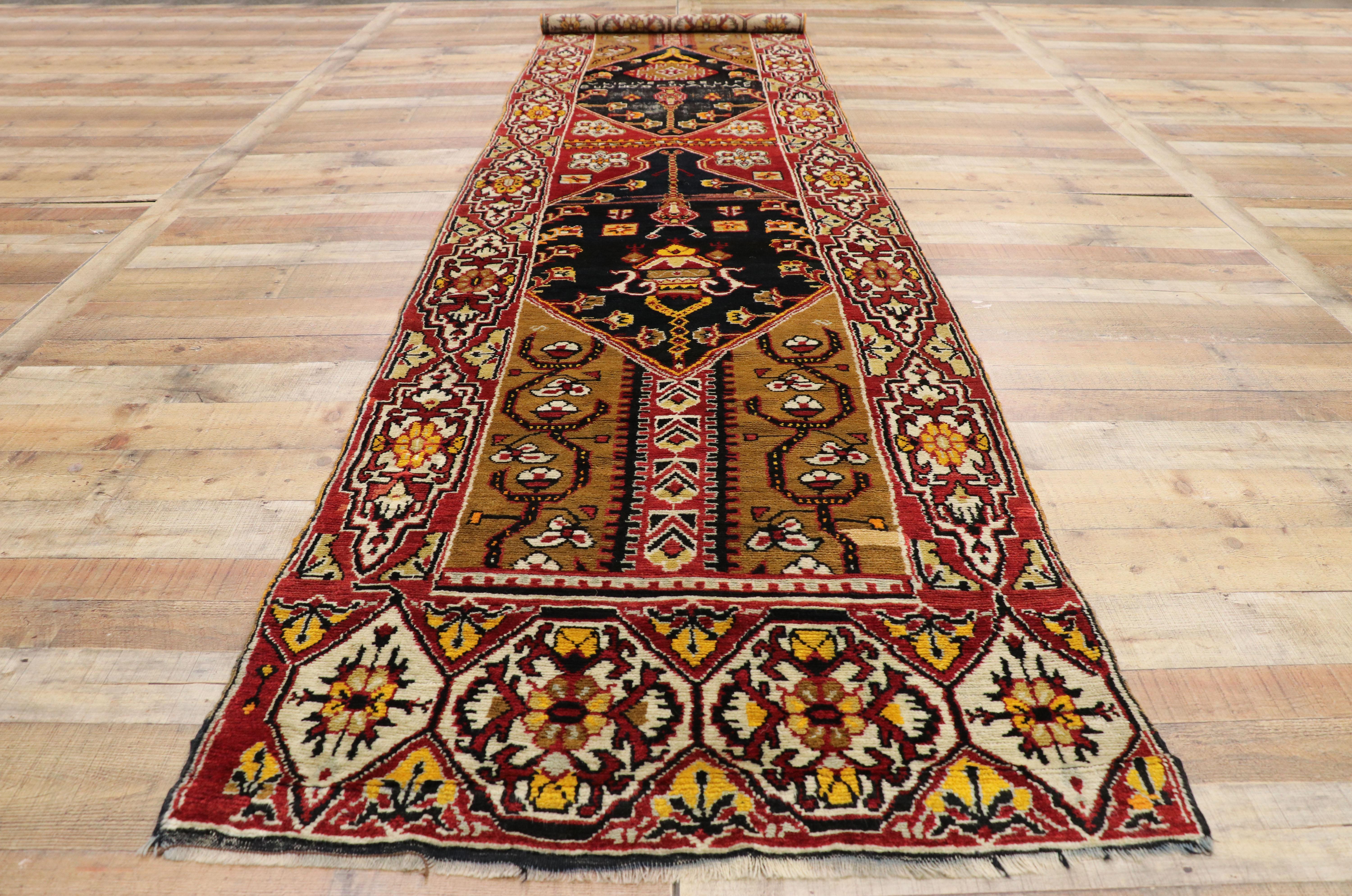 Distressed Antique Turkish Oushak Hallway Runner with Artisan Tribal Style For Sale 1