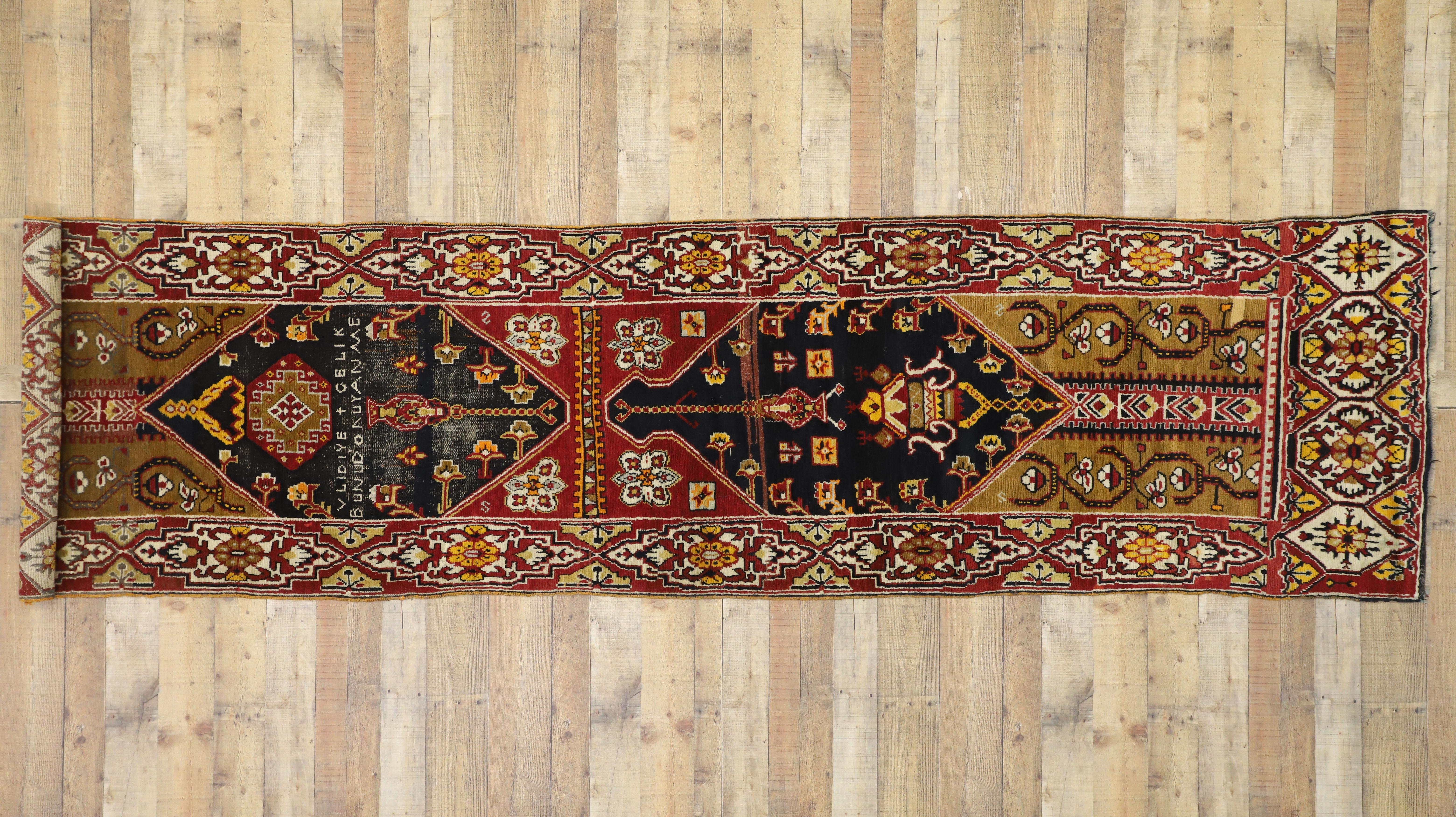 Distressed Antique Turkish Oushak Hallway Runner with Artisan Tribal Style For Sale 2