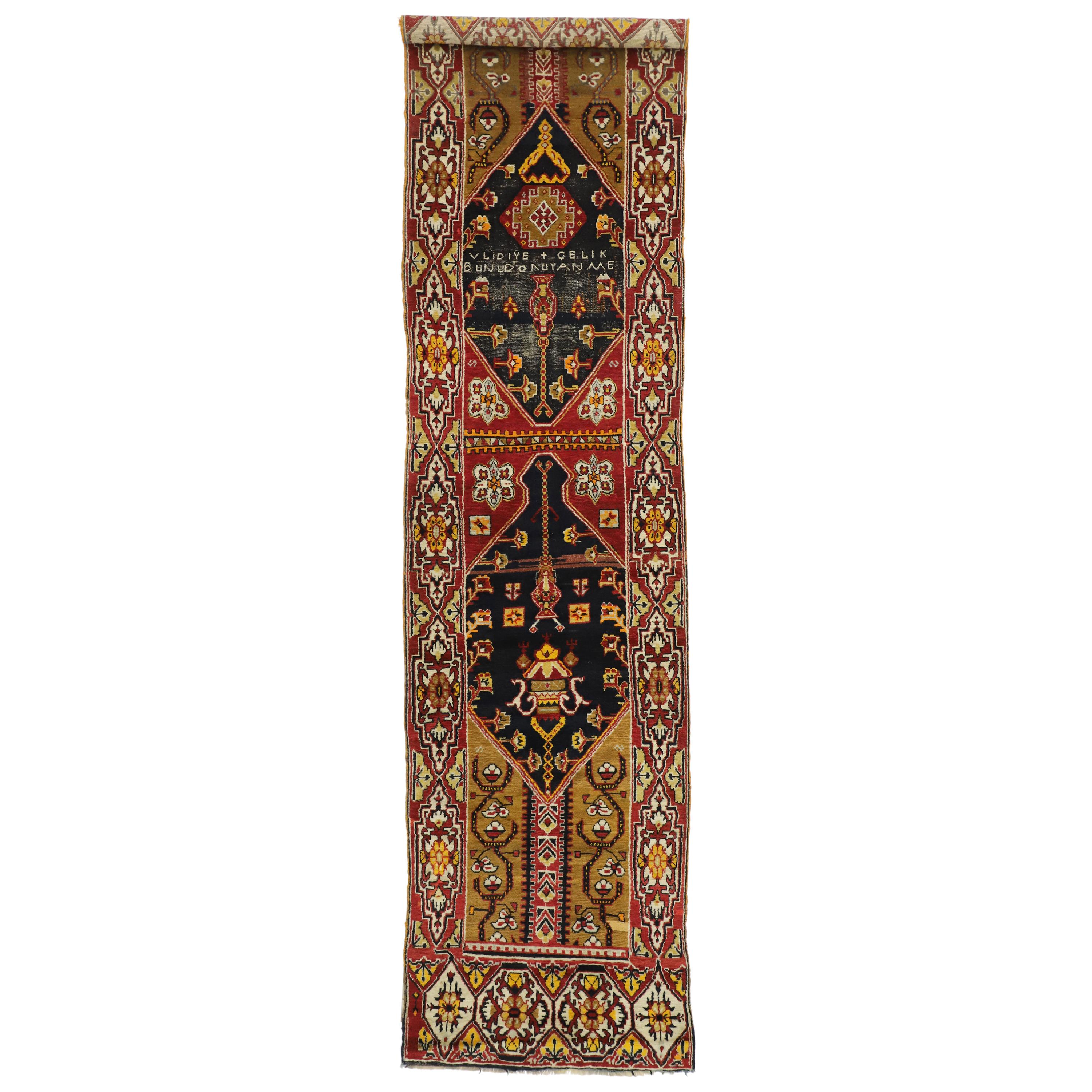 Distressed Antique Turkish Oushak Hallway Runner with Artisan Tribal Style For Sale