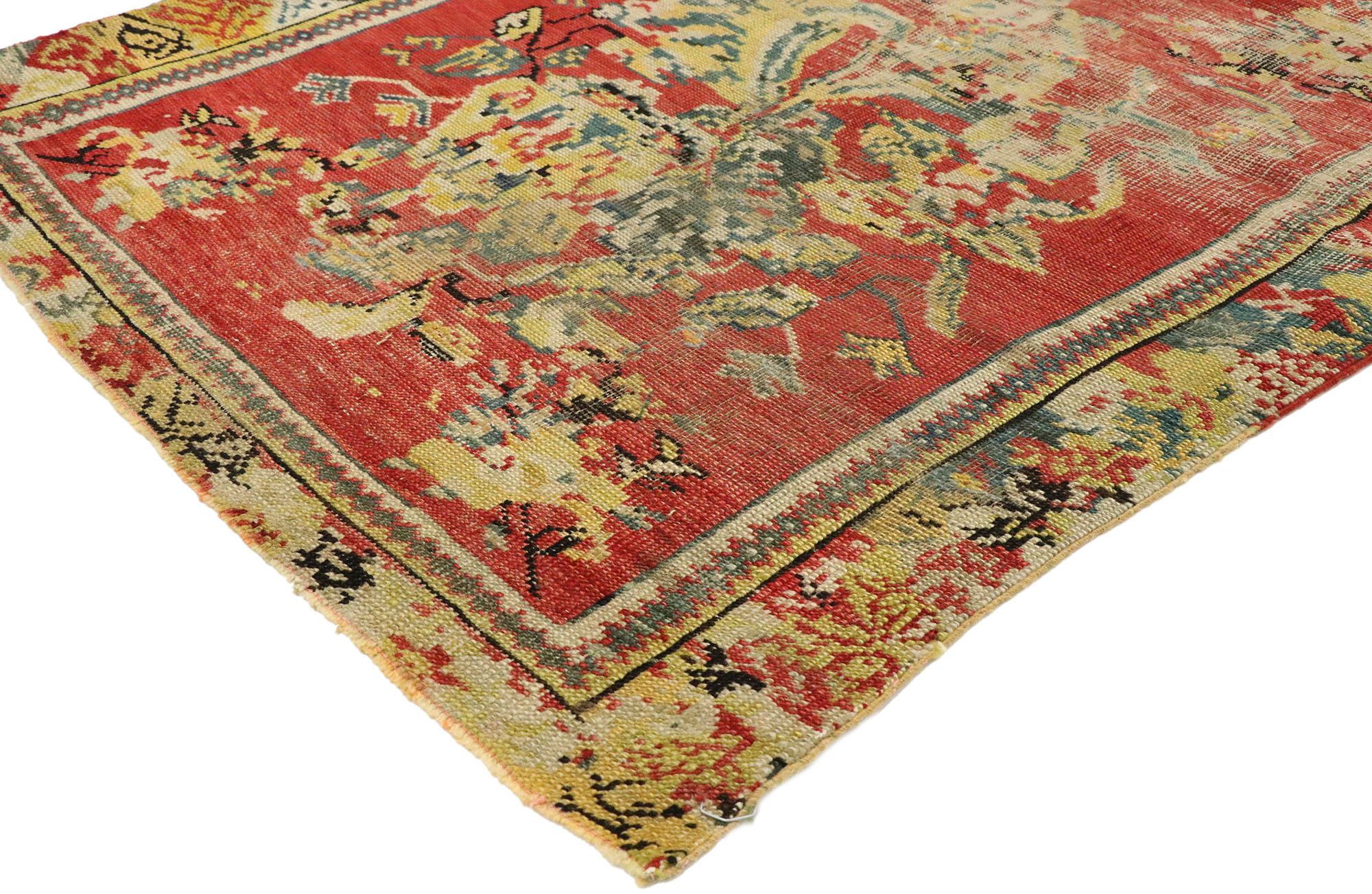 51568, distressed antique Turkish Oushak prayer rug with English country cottage style, entry or foyer rug. Turkish traditional patterns meet rich colors and an intimate patina in this distressed antique Turkish Oushak rug. A niche motif, typical of