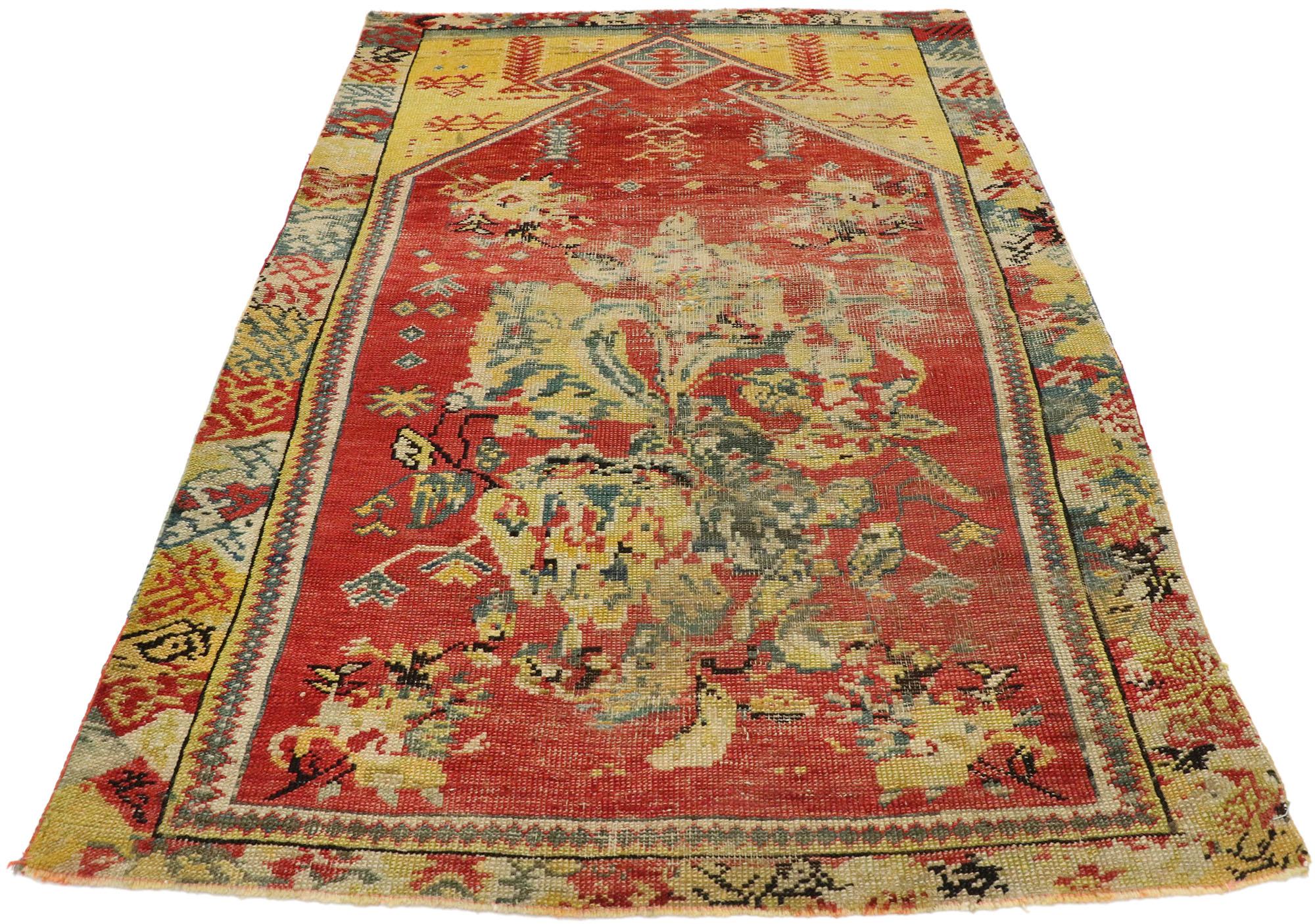 Hand-Knotted Distressed Antique Turkish Oushak Prayer Rug with Rustic English Country Style For Sale
