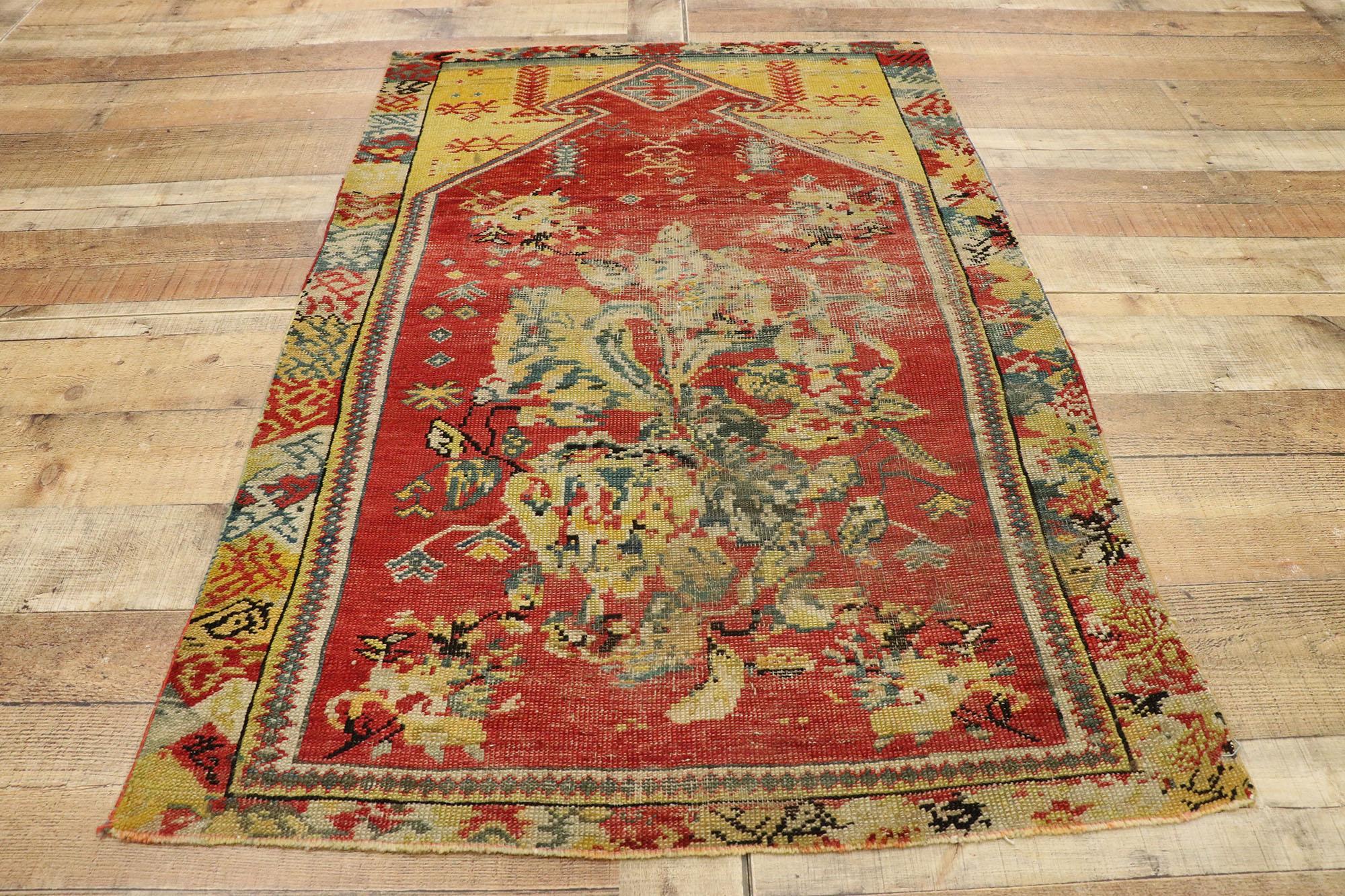 Distressed Antique Turkish Oushak Prayer Rug with Rustic English Country Style For Sale 1