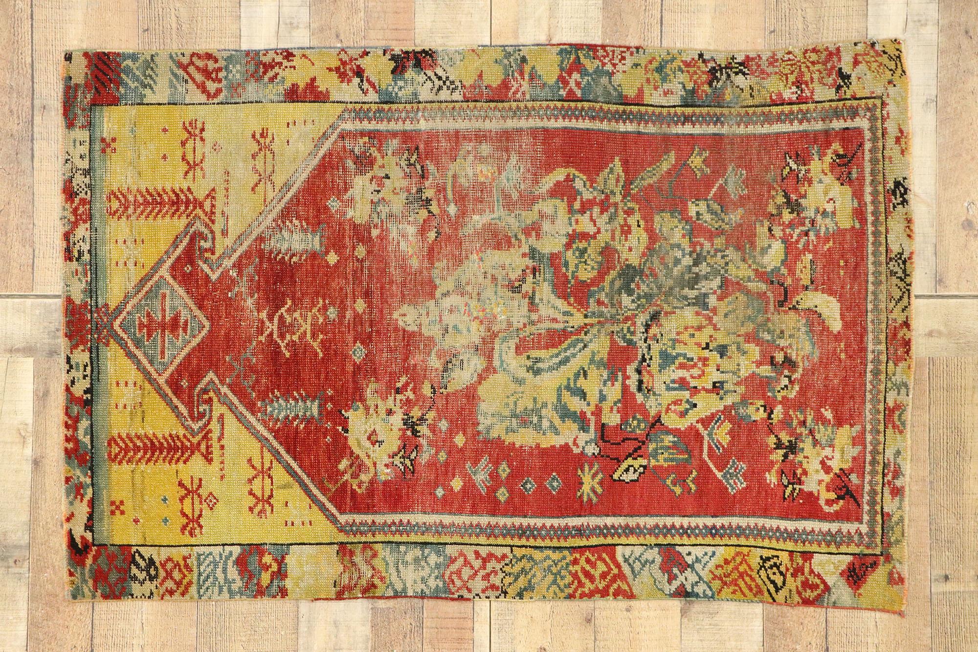 Distressed Antique Turkish Oushak Prayer Rug with Rustic English Country Style For Sale 2