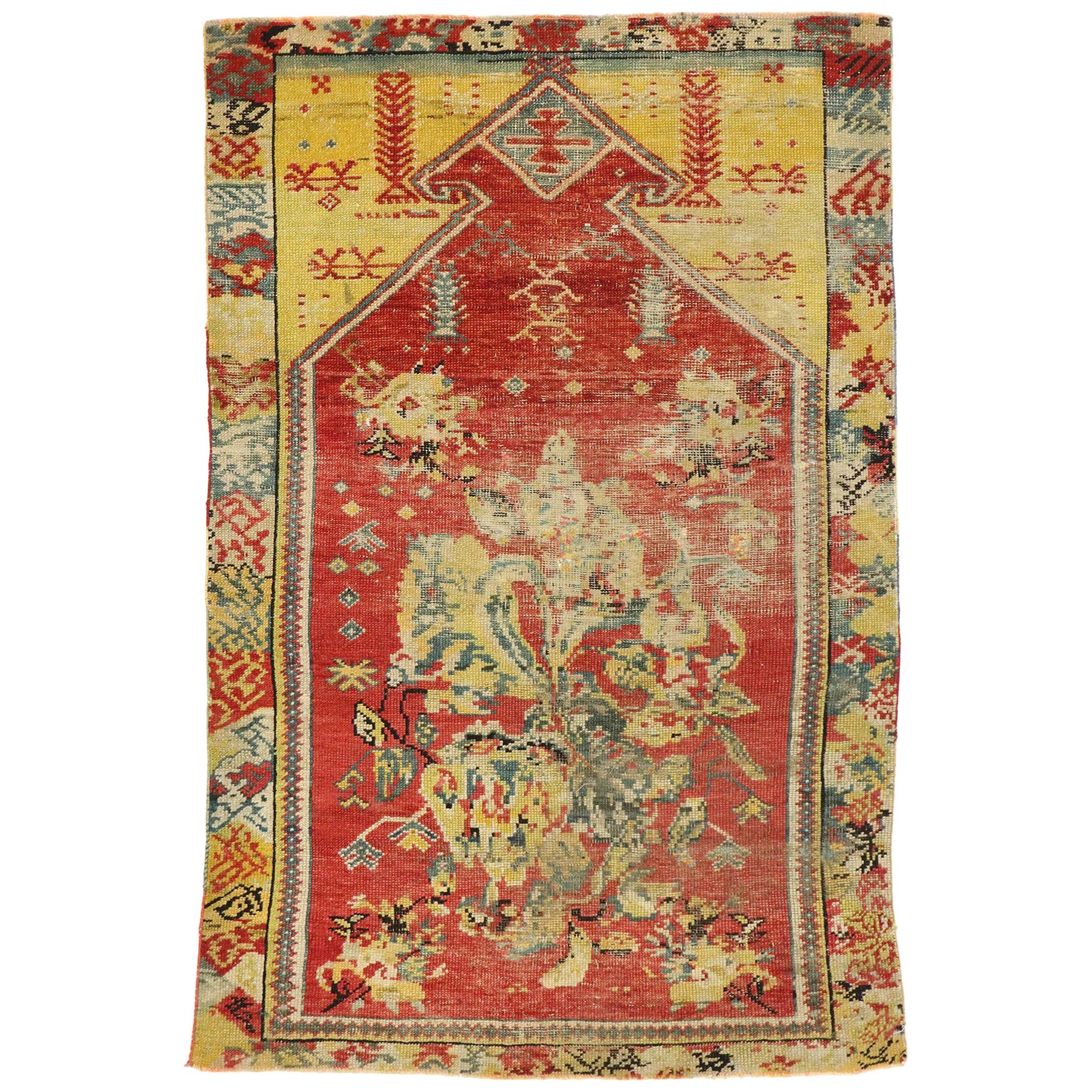 Distressed Antique Turkish Oushak Prayer Rug with Rustic English Country Style For Sale