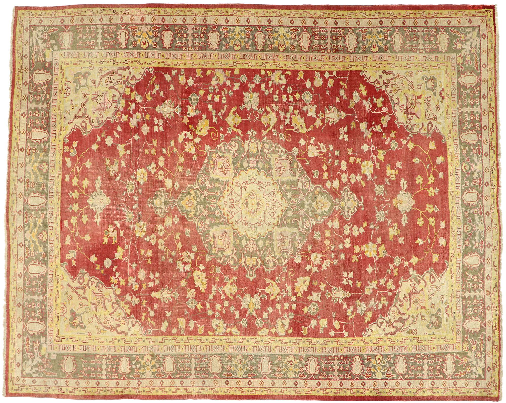 Hand-Knotted Distressed Antique Turkish Oushak Rug, 9'07 x 12'01 For Sale