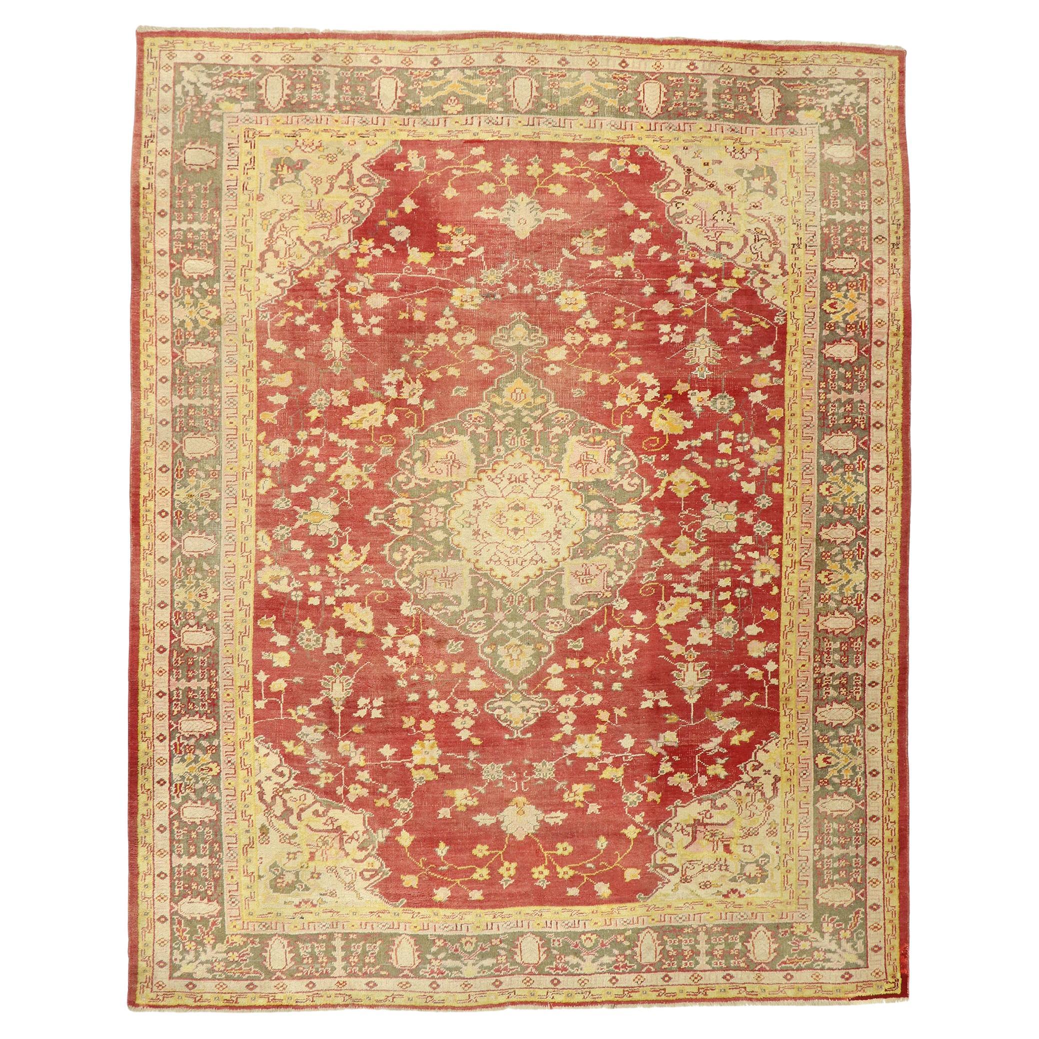 Distressed Antique Turkish Oushak Rug, 9'07 x 12'01 For Sale