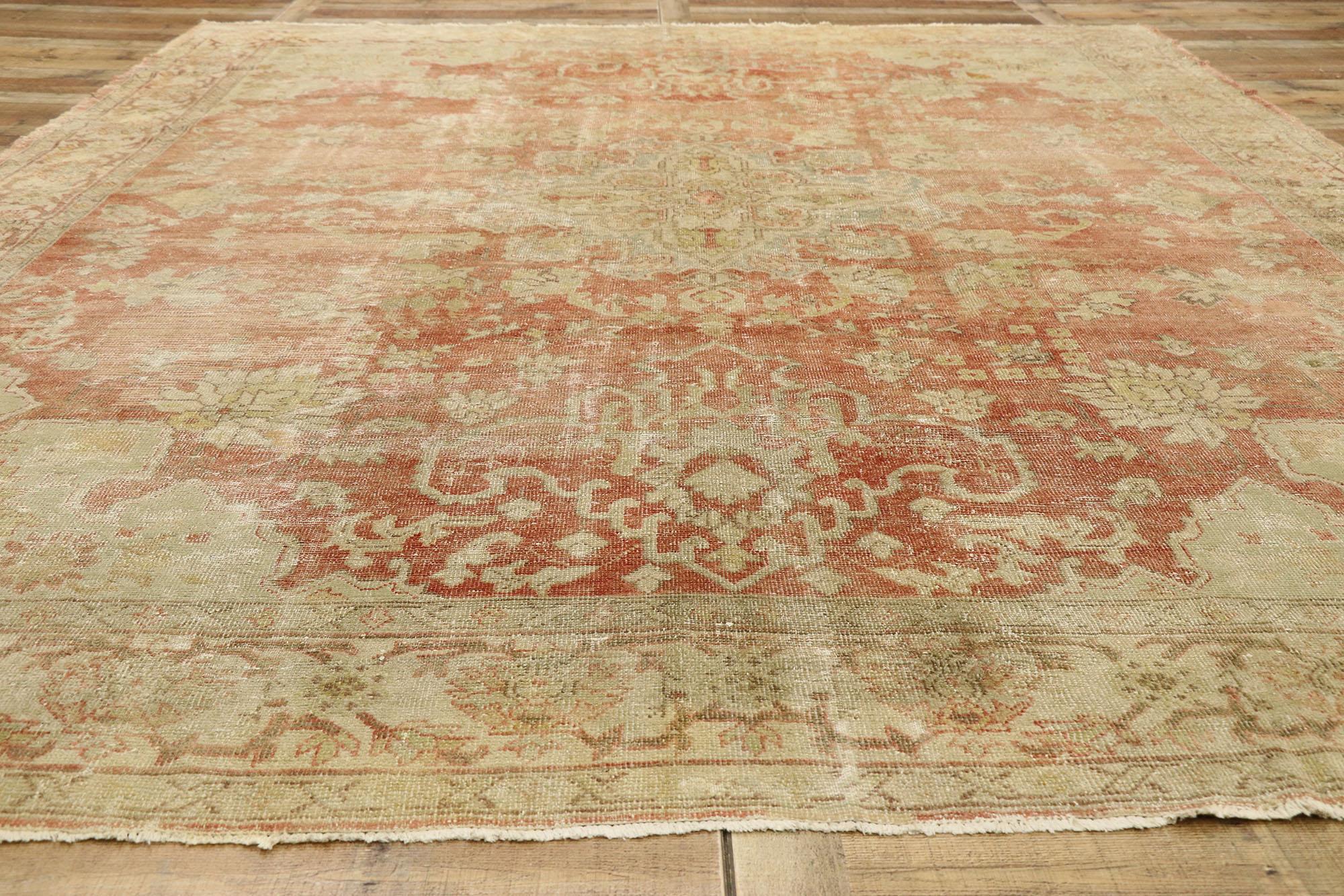20th Century Distressed Antique Turkish Oushak Rug, 09'09 x 12'04 For Sale