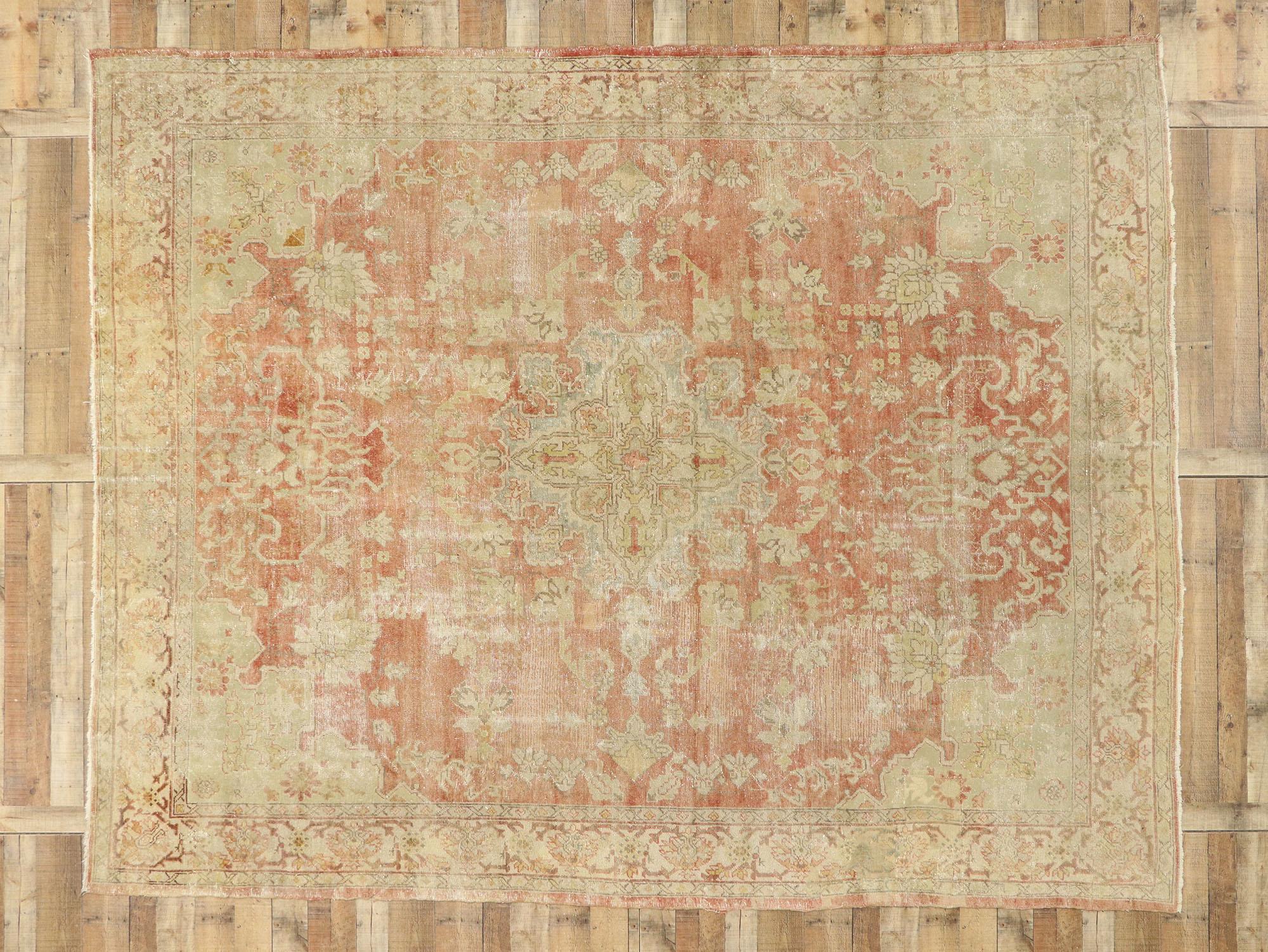 Wool Distressed Antique Turkish Oushak Rug, 09'09 x 12'04 For Sale