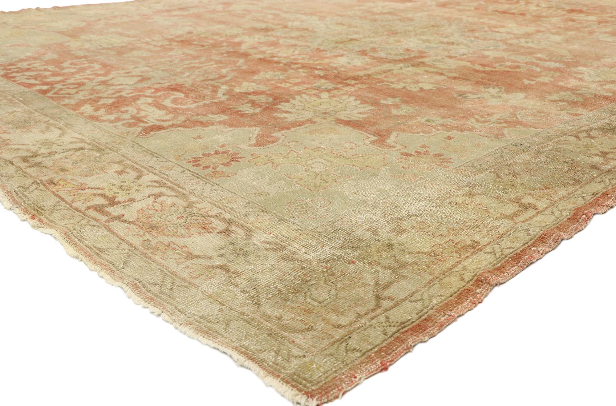 76860, distressed antique Turkish Oushak area rug. The modern industrial and urban loft style combined with a low to no-pile brings warmth and approachable sophistication in this distressed antique Turkish Oushak rug. Rendered in a subtle palette