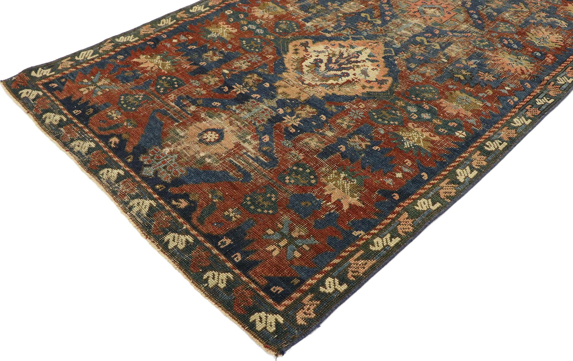 53050, distressed antique Turkish Oushak rug with Modern Rustic Industrial style. With its perfectly worn-in charm and rustic sensibility, this hand knotted wool distressed antique Turkish Oushak rug will take on a curated lived-in look that feels