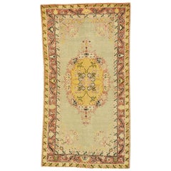 Distressed Antique Turkish Oushak Rug with Romantic Chinoiserie Style