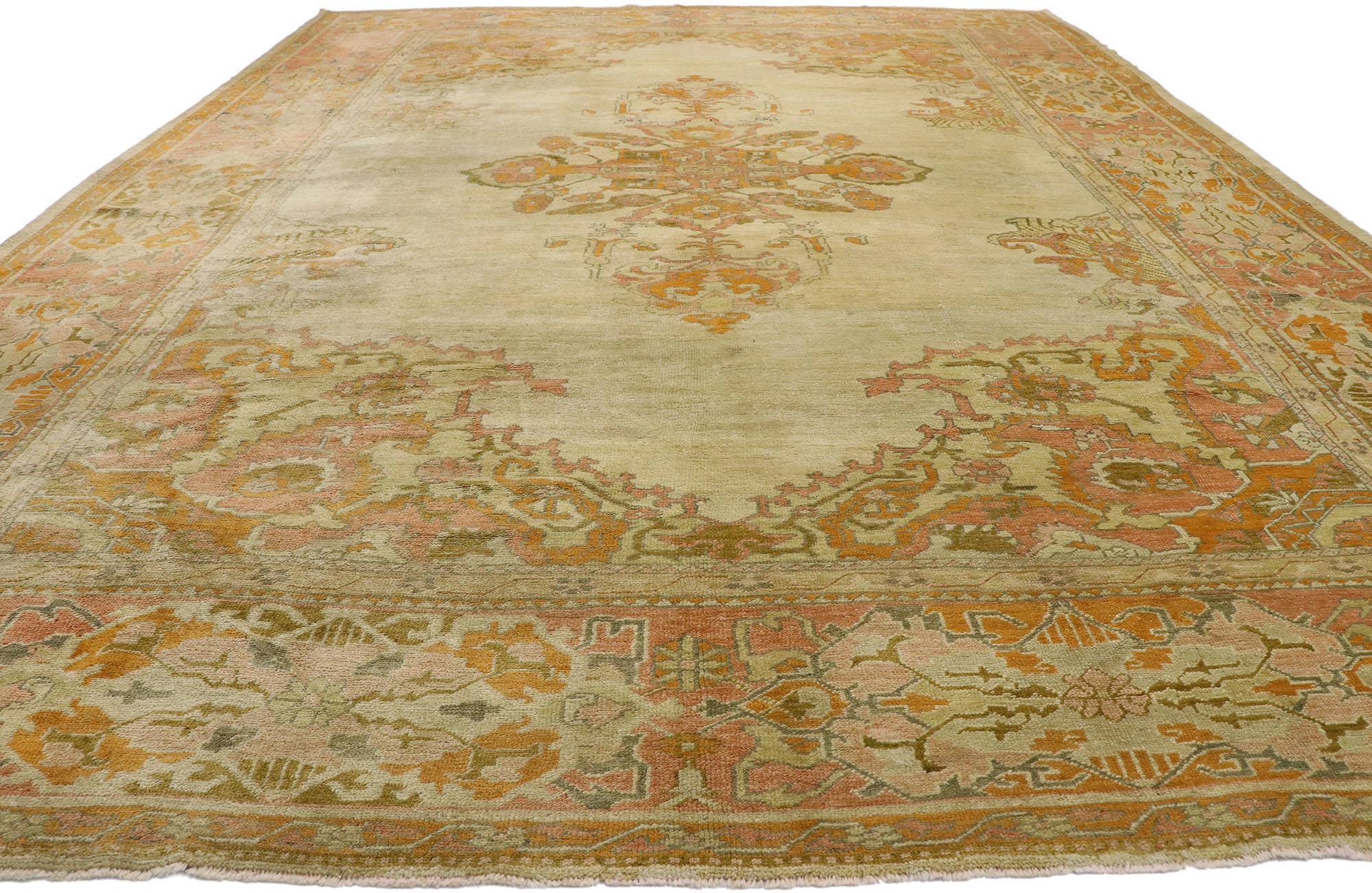 Modern Distressed Antique Turkish Oushak Rug with Rustic Arts & Crafts Style For Sale