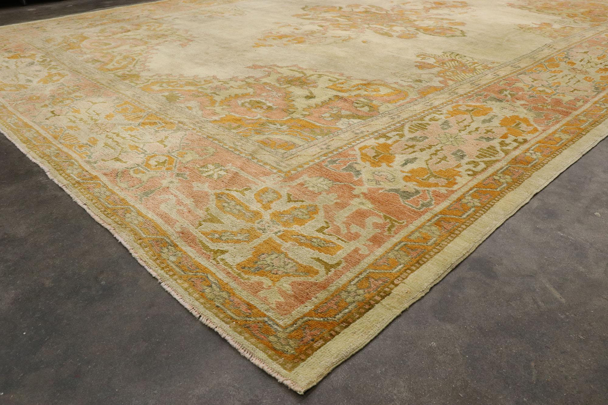 Distressed Antique Turkish Oushak Rug with Rustic Arts & Crafts Style In Distressed Condition For Sale In Dallas, TX
