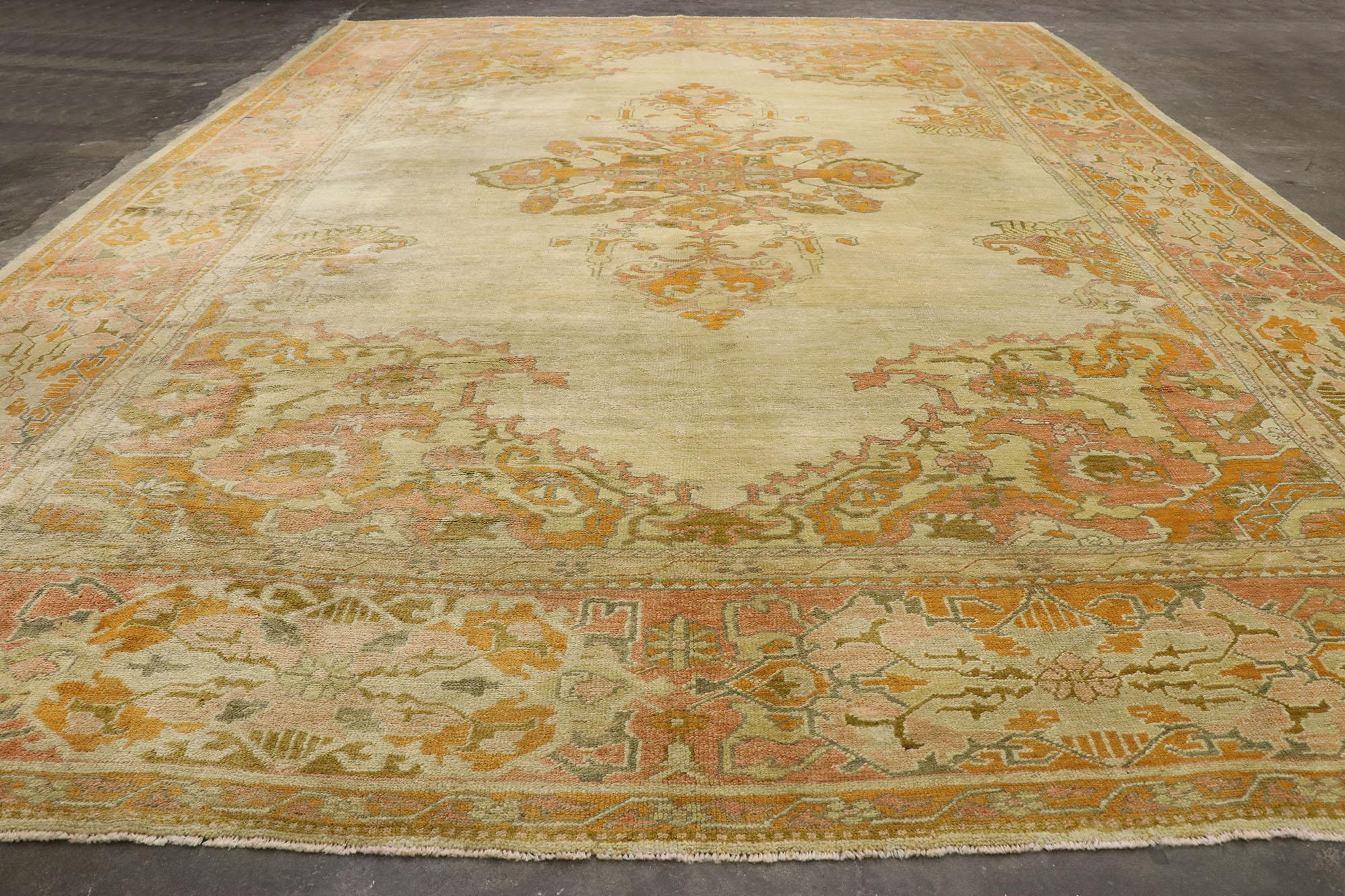 20th Century Distressed Antique Turkish Oushak Rug with Rustic Arts & Crafts Style For Sale