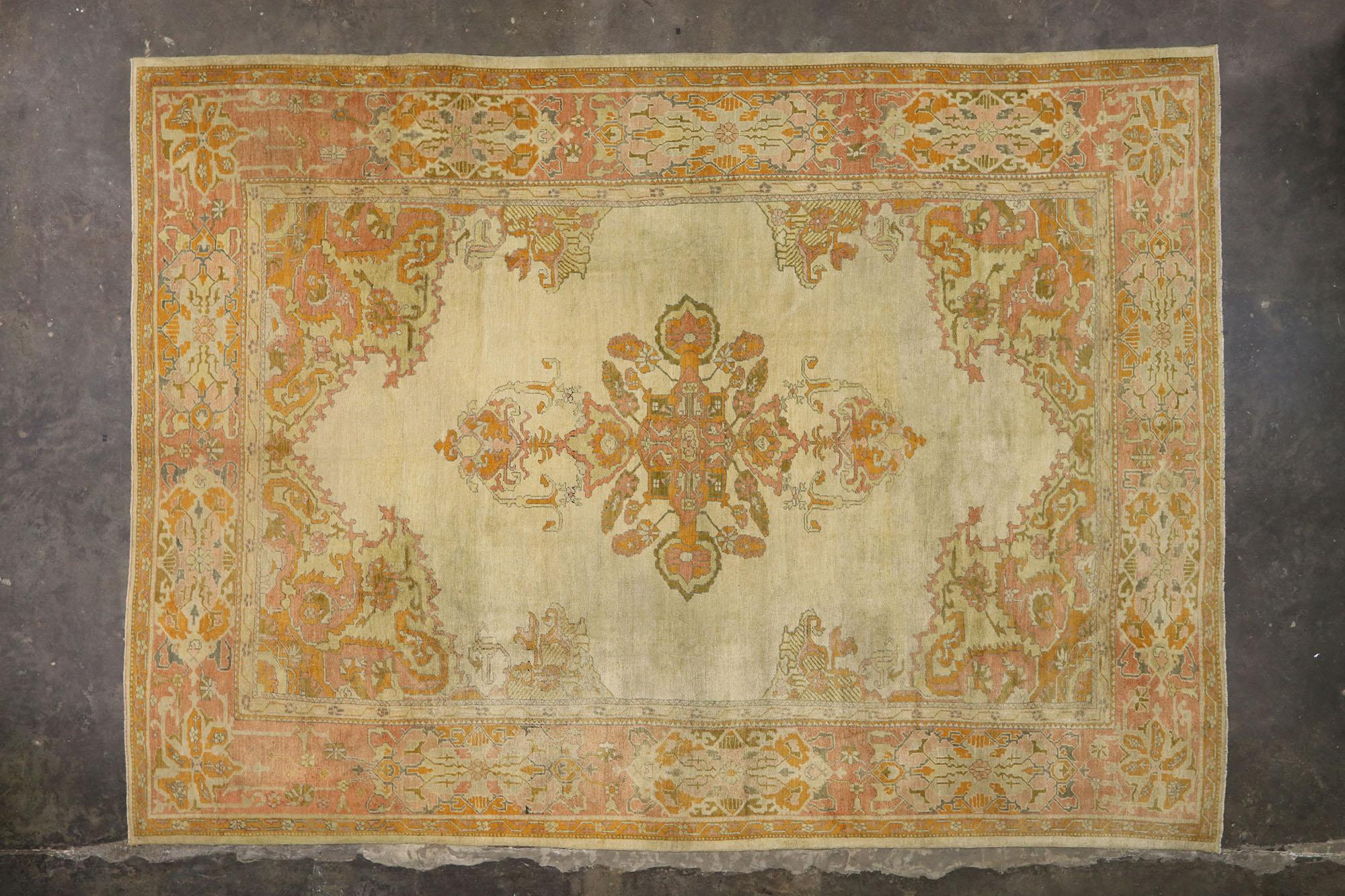 Wool Distressed Antique Turkish Oushak Rug with Rustic Arts & Crafts Style For Sale