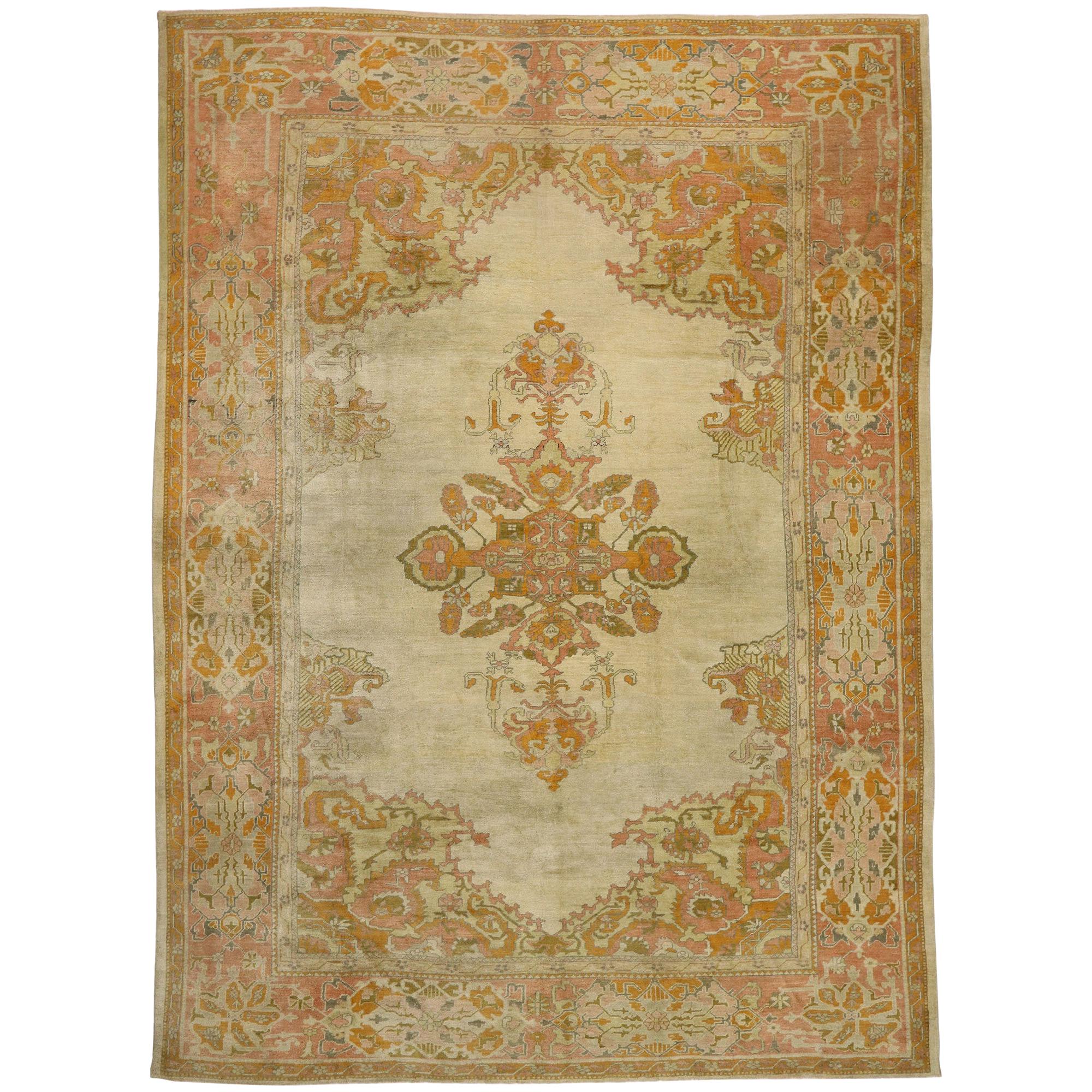 Distressed Antique Turkish Oushak Rug with Rustic Arts & Crafts Style For Sale