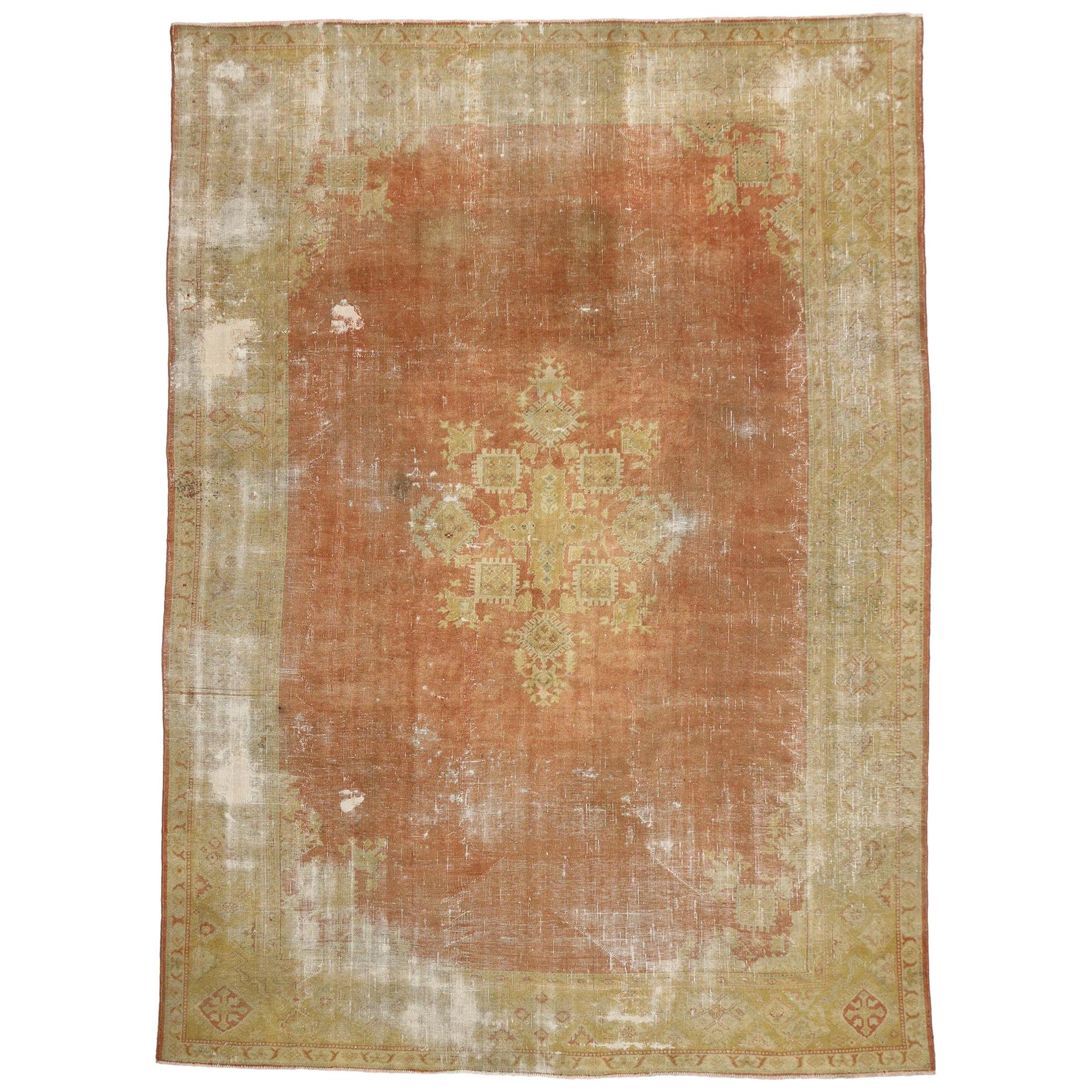 Distressed Vintage Turkish Rug with Rustic French Farmhouse Style For