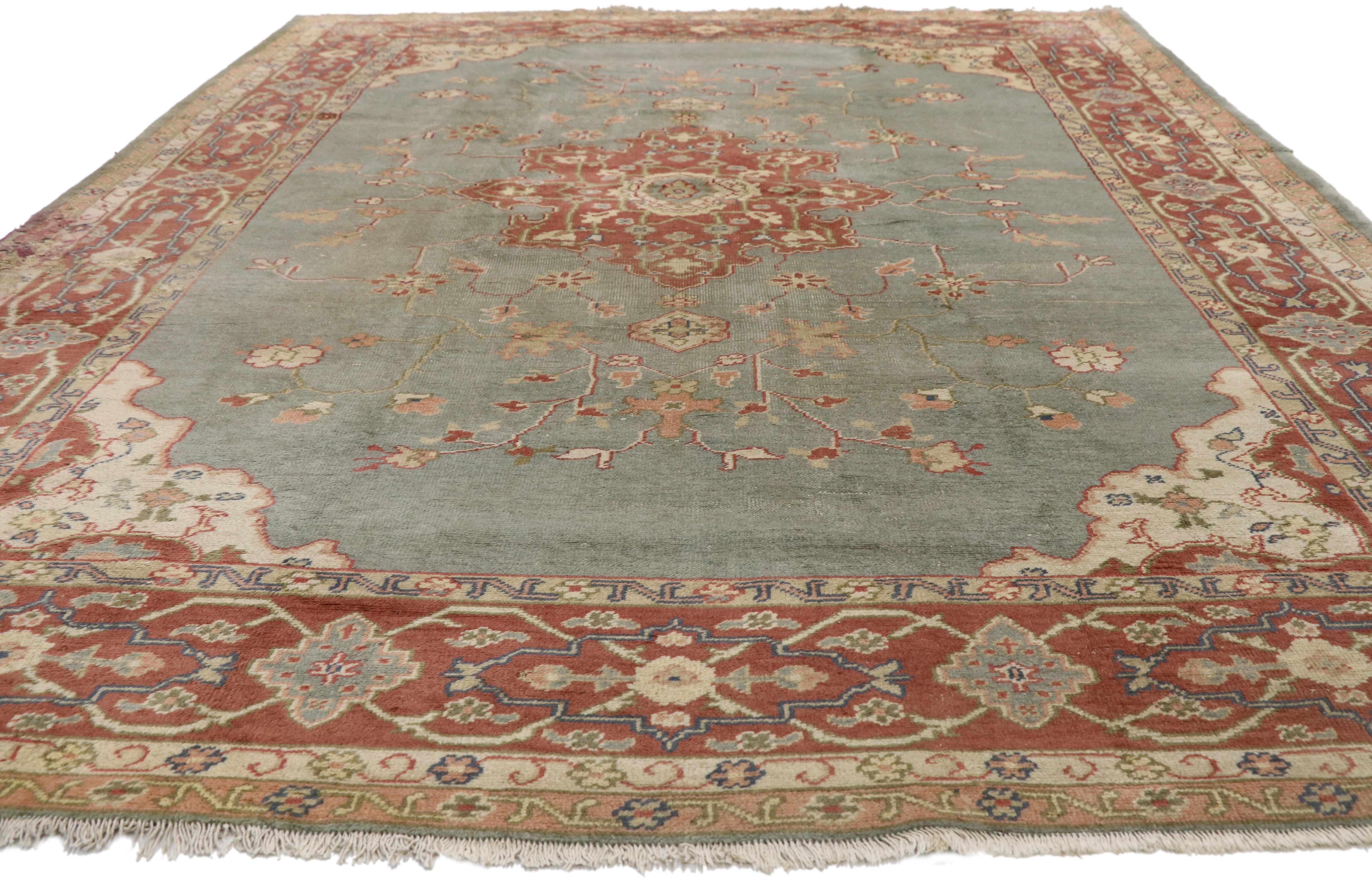 Hand-Knotted Distressed Antique Turkish Oushak Rug with Rustic Georgian Arts & Crafts Style For Sale