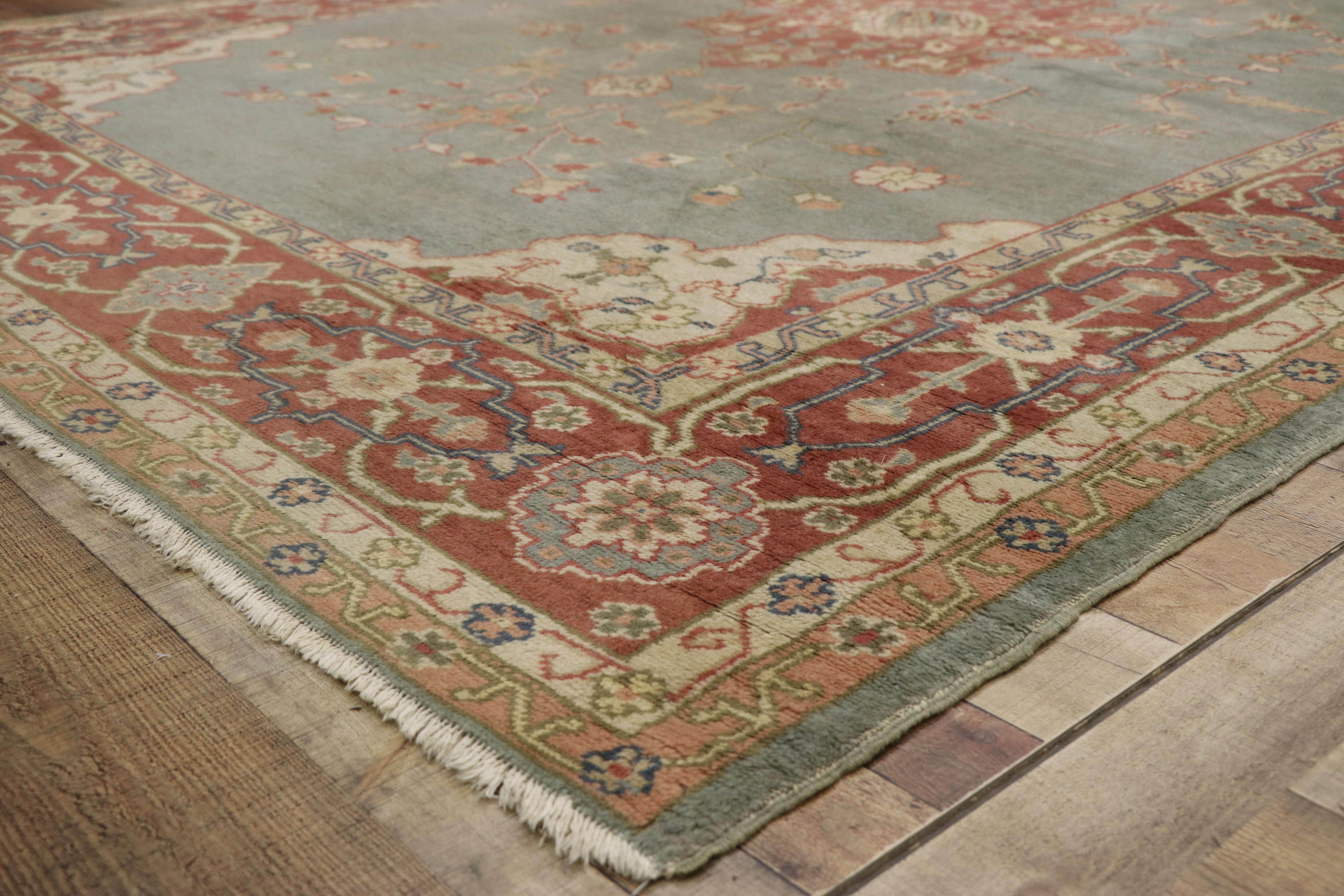 Wool Distressed Antique Turkish Oushak Rug with Rustic Georgian Arts & Crafts Style For Sale