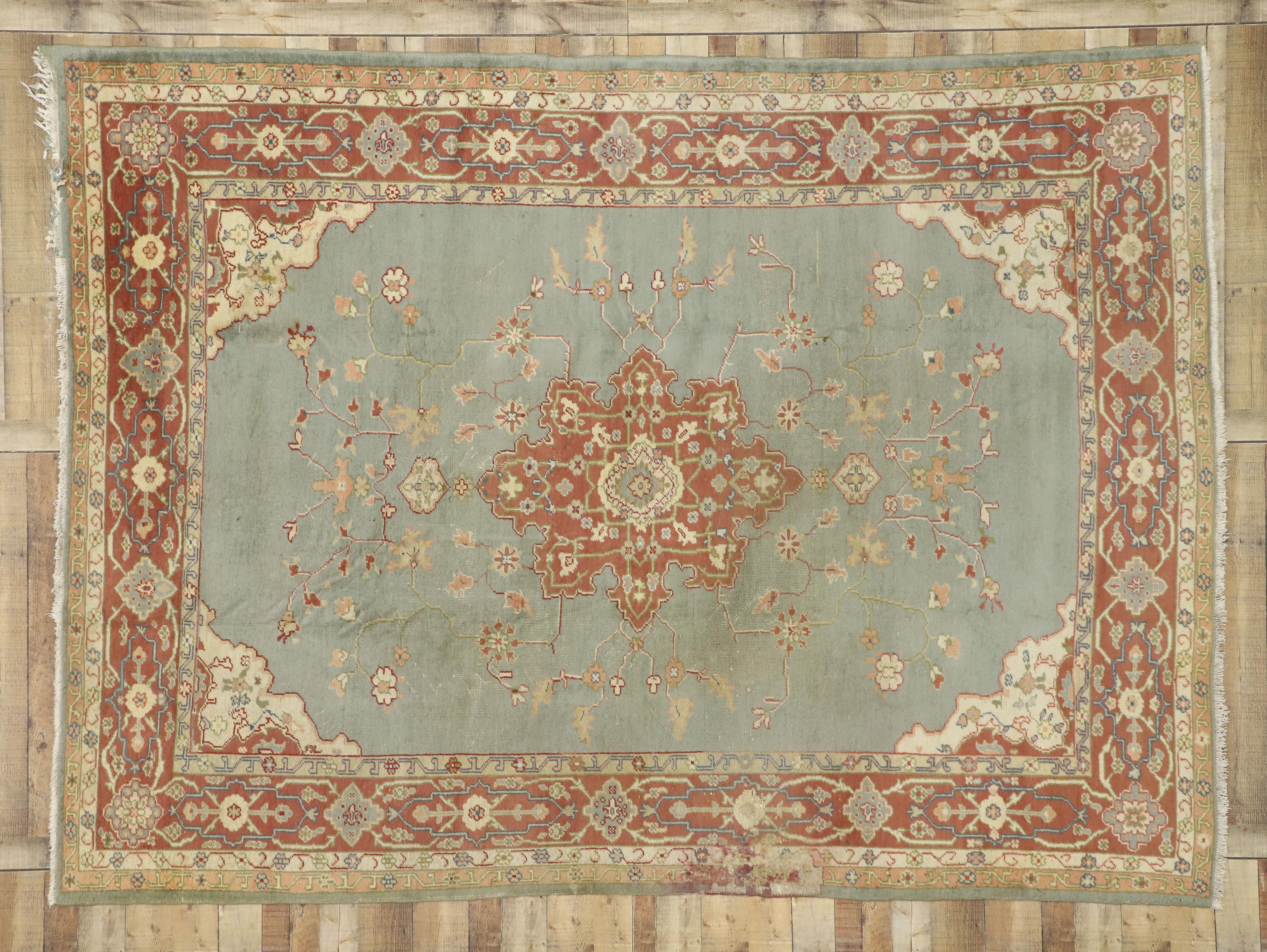 Distressed Antique Turkish Oushak Rug with Rustic Georgian Arts & Crafts Style For Sale 1