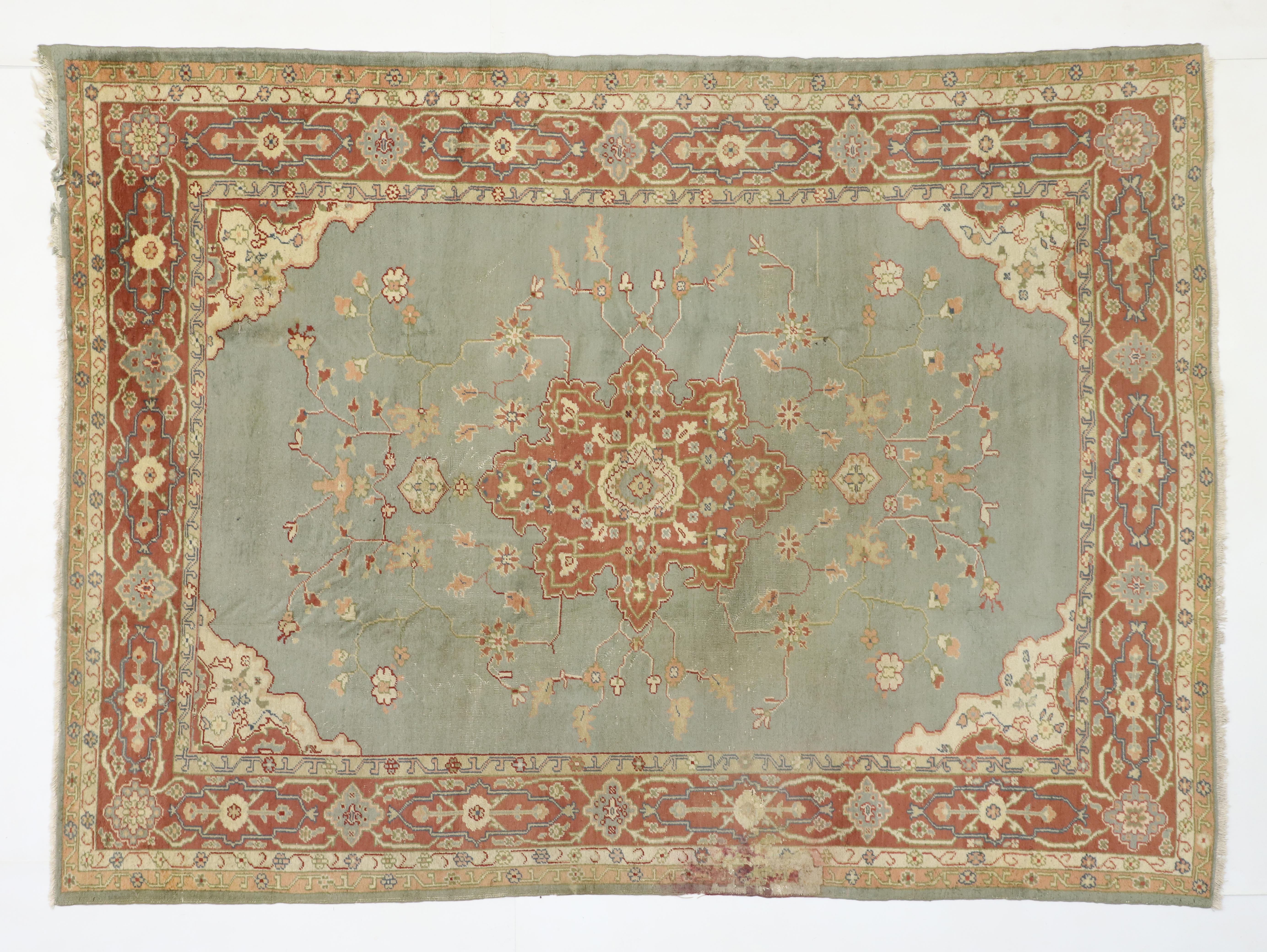 Distressed Antique Turkish Oushak Rug with Rustic Georgian Arts & Crafts Style For Sale 3
