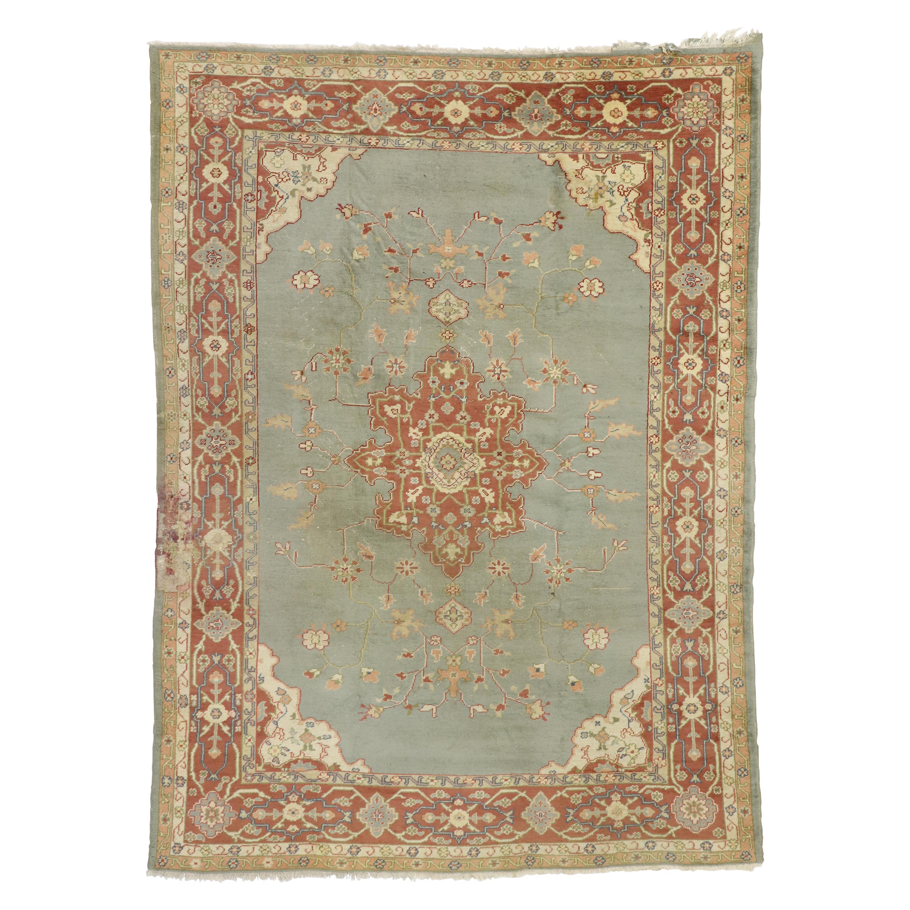 Distressed Antique Turkish Oushak Rug with Rustic Georgian Arts & Crafts Style For Sale