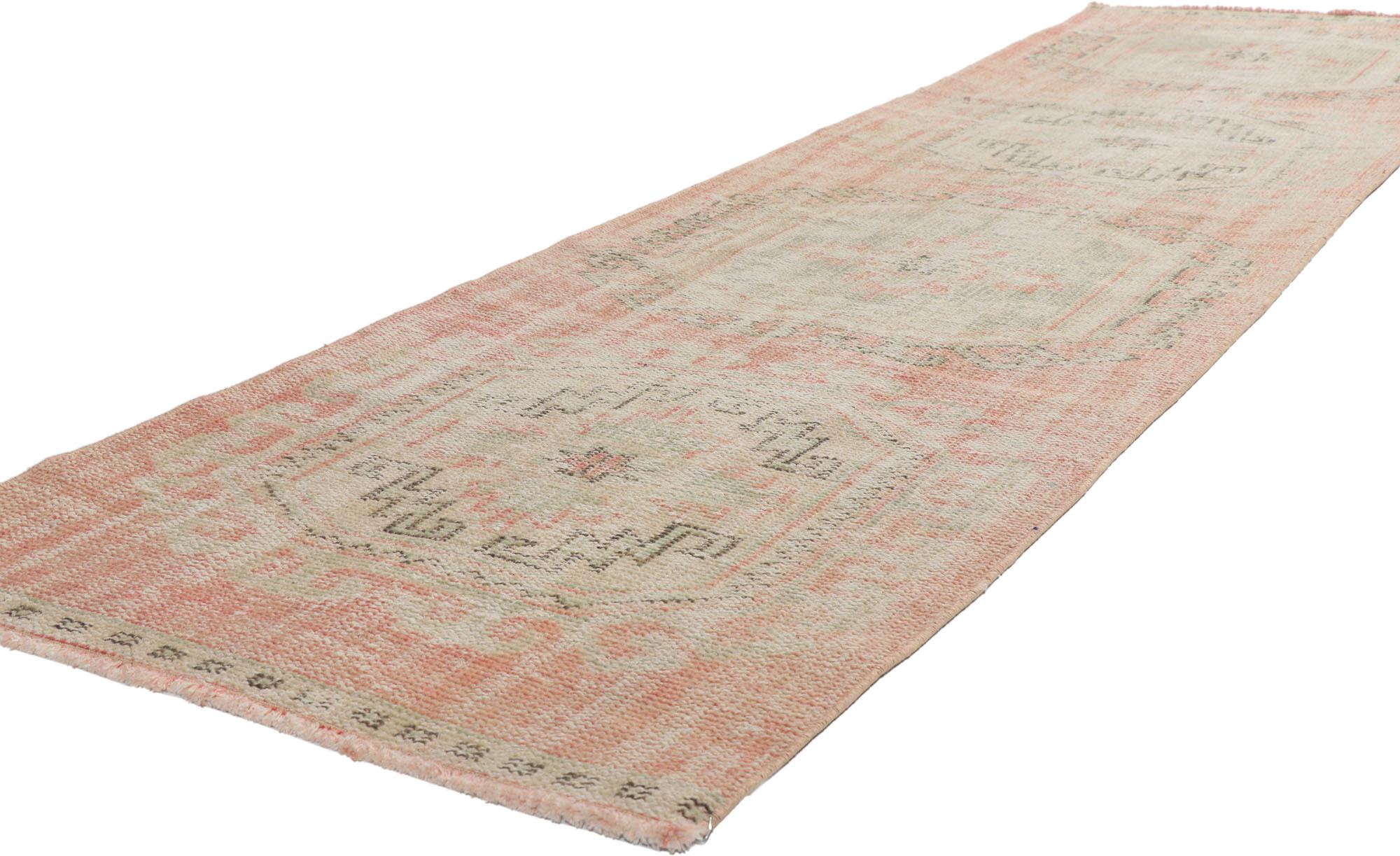 53786 Distressed Antique Turkish Oushak Rug, 02'06 x 09'00.
Weathered finesse meets global chic in this hand knotted wool distressed antique Turkish Oushak rug. Let yourself be whisked away on an enchanting journey, as you step onto this lovingly