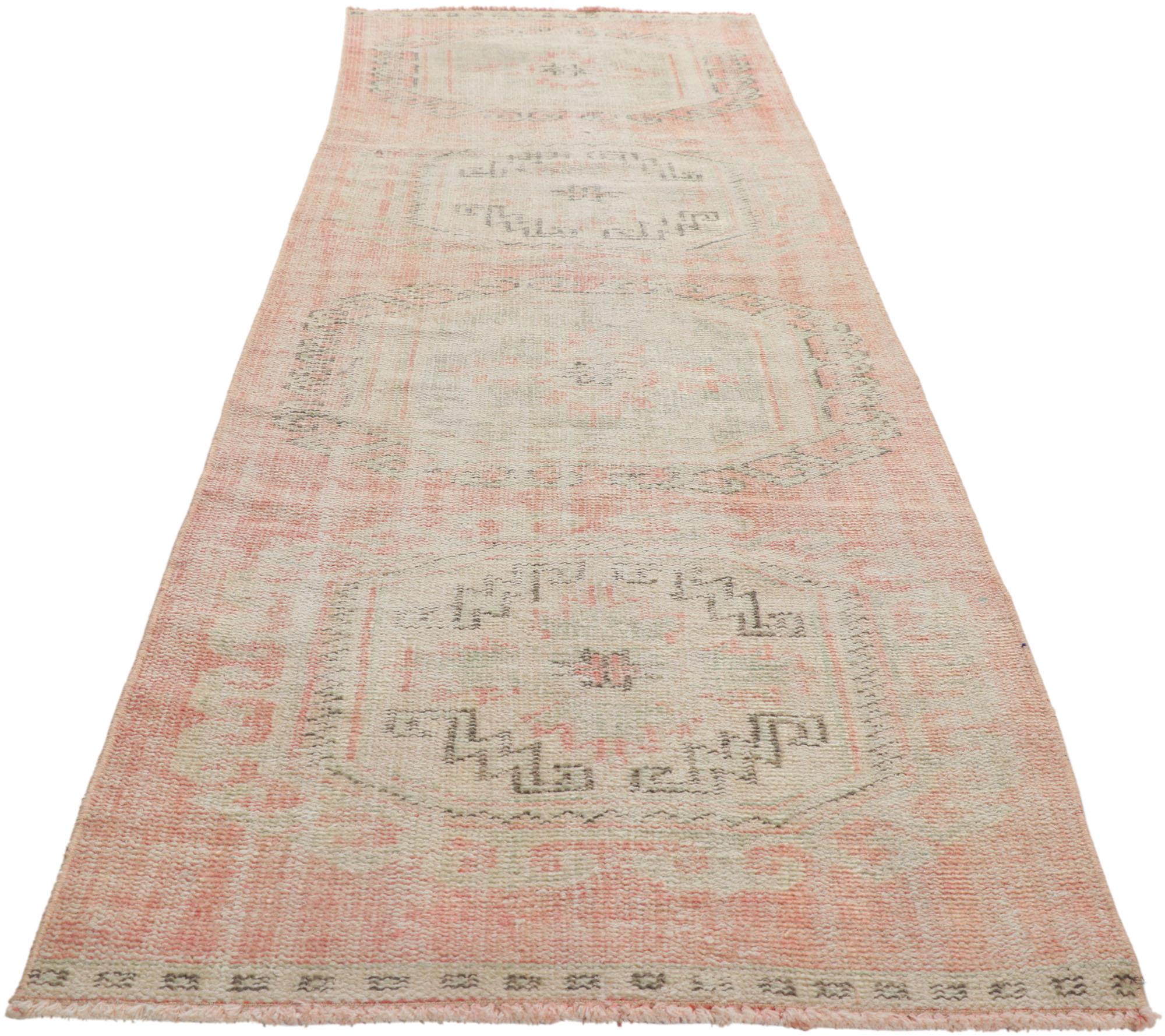 Hand-Knotted Distressed Antique-Worn Turkish Oushak Rug, Weathered Finesse Meets Global Chic For Sale