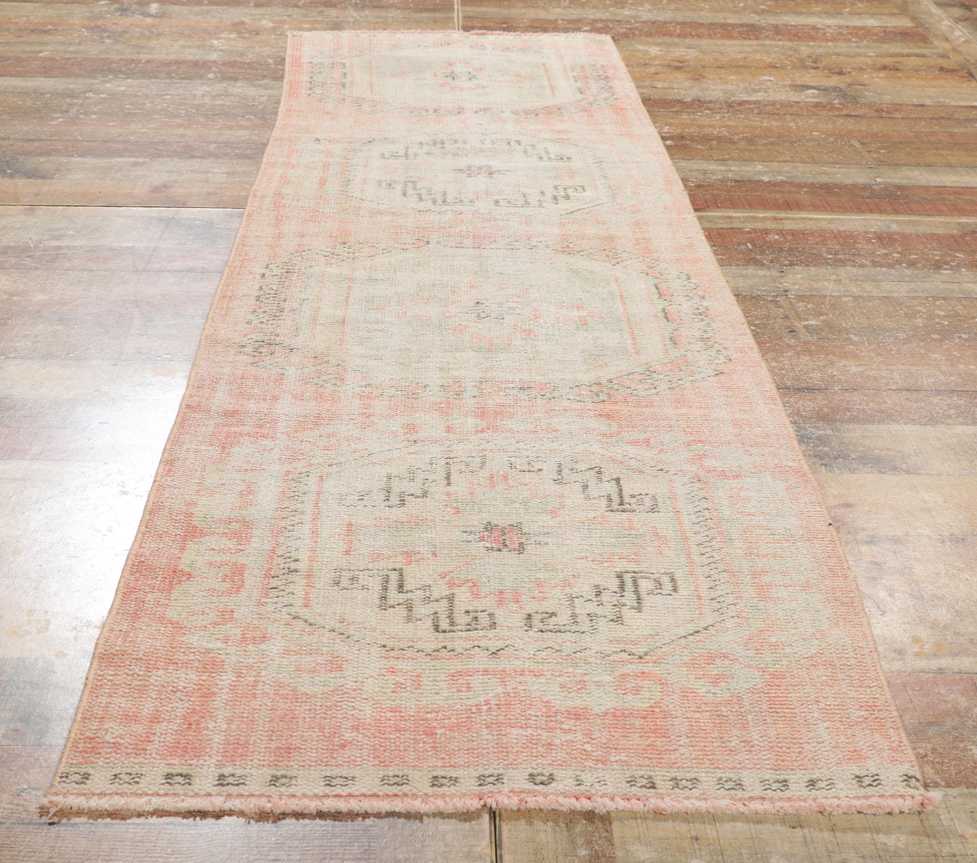 Distressed Antique-Worn Turkish Oushak Rug, Weathered Finesse Meets Global Chic For Sale 1