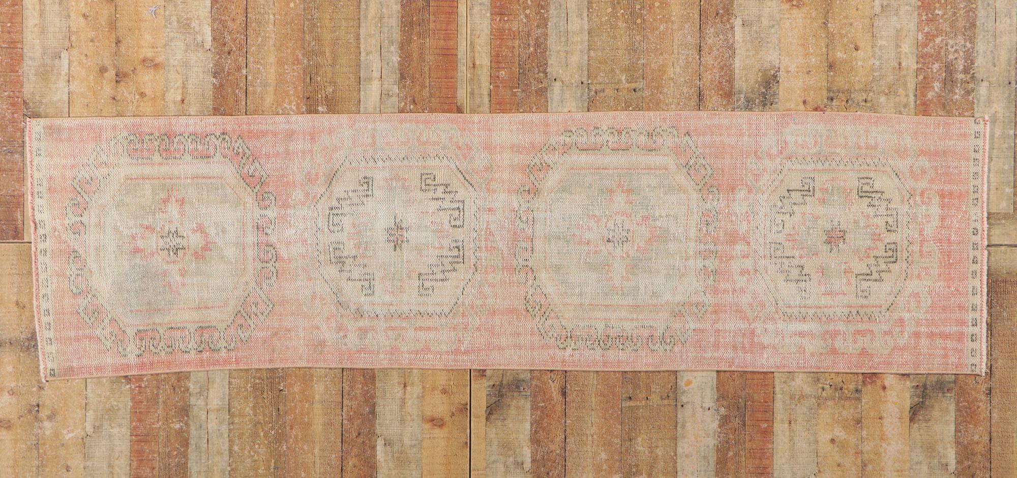 Distressed Antique-Worn Turkish Oushak Rug, Weathered Finesse Meets Global Chic For Sale 2