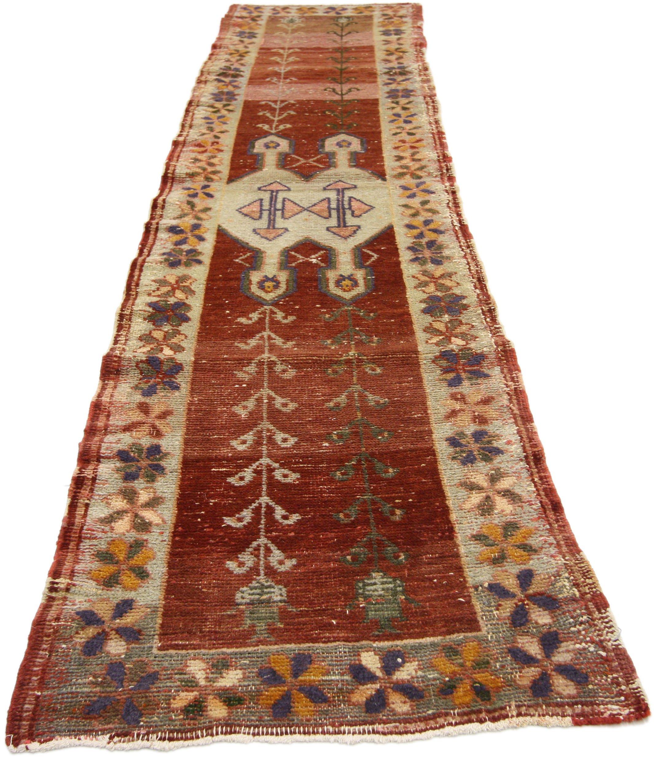 Distressed Antique Turkish Oushak Runner, Hallway Runner In Distressed Condition For Sale In Dallas, TX