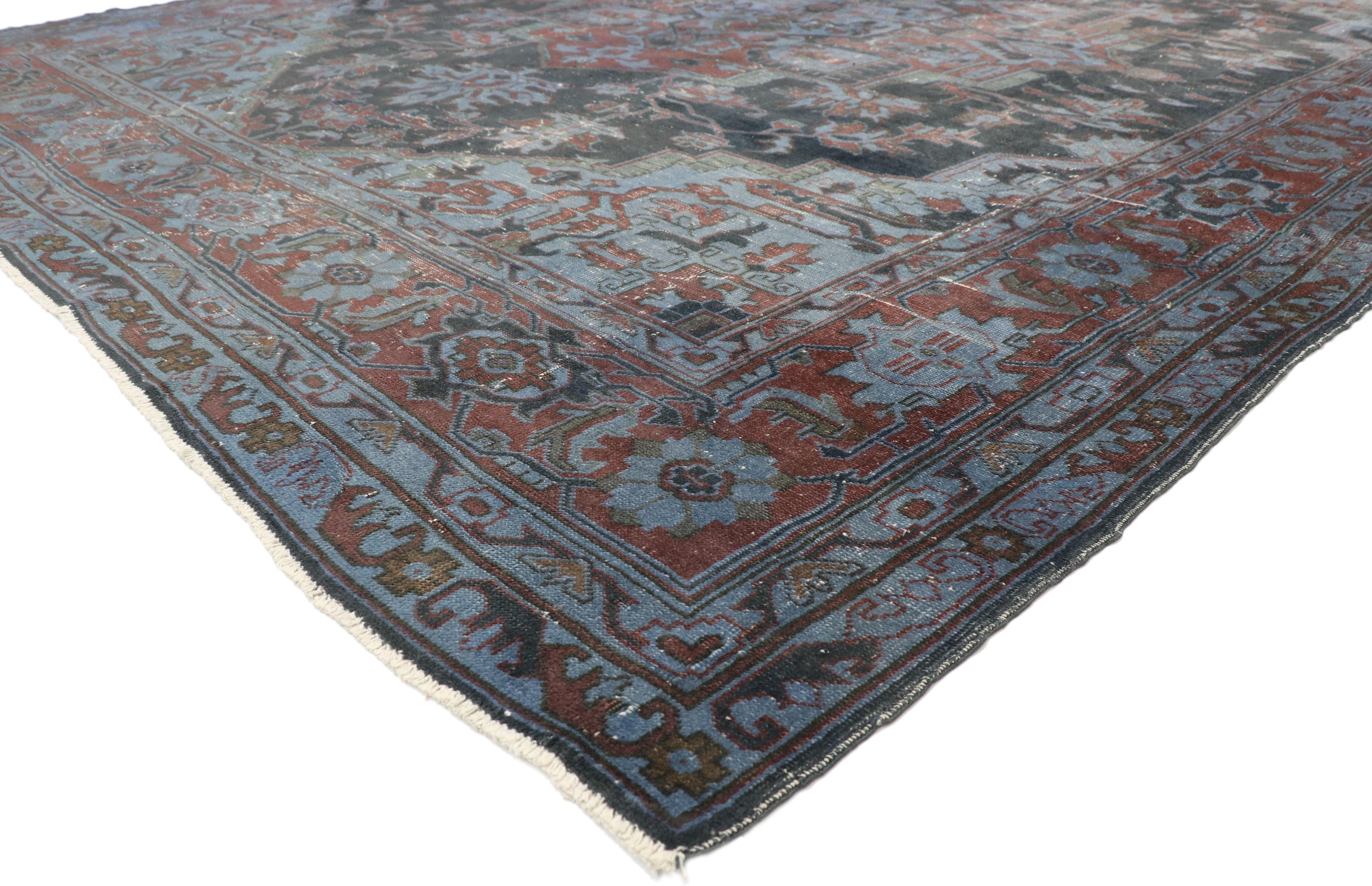 52839 Distressed Antique Turkish Overdyed Rug with Heriz Design and Industrial Style. With a lovingly timeworn appearance and blissful bucolic vibes, this hand knotted wool distressed antique Turkish rug charms with ease and beautifully embodies