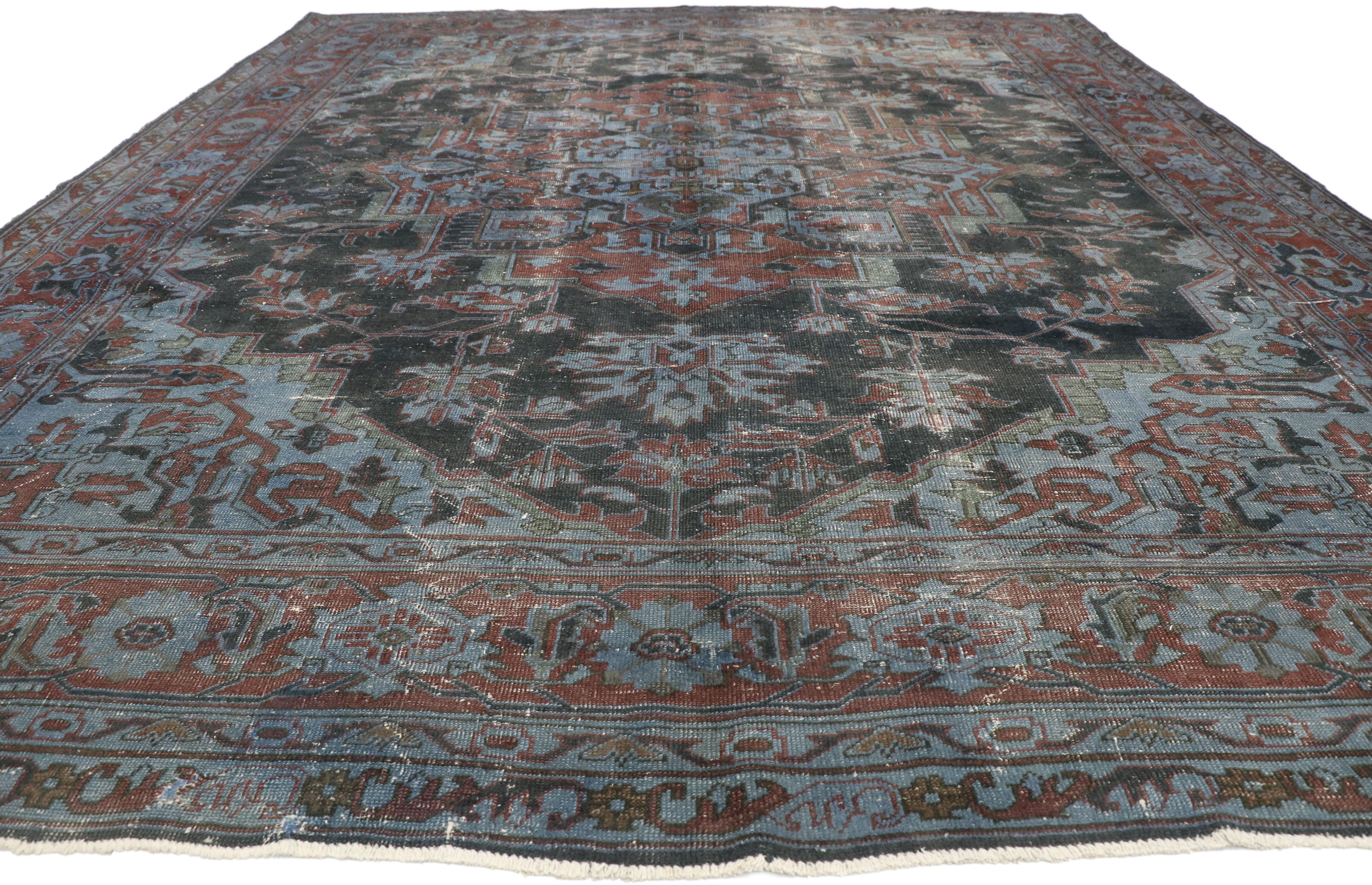 Heriz Serapi Distressed Antique Turkish Overdyed Rug with Heriz Design and Industrial Style For Sale