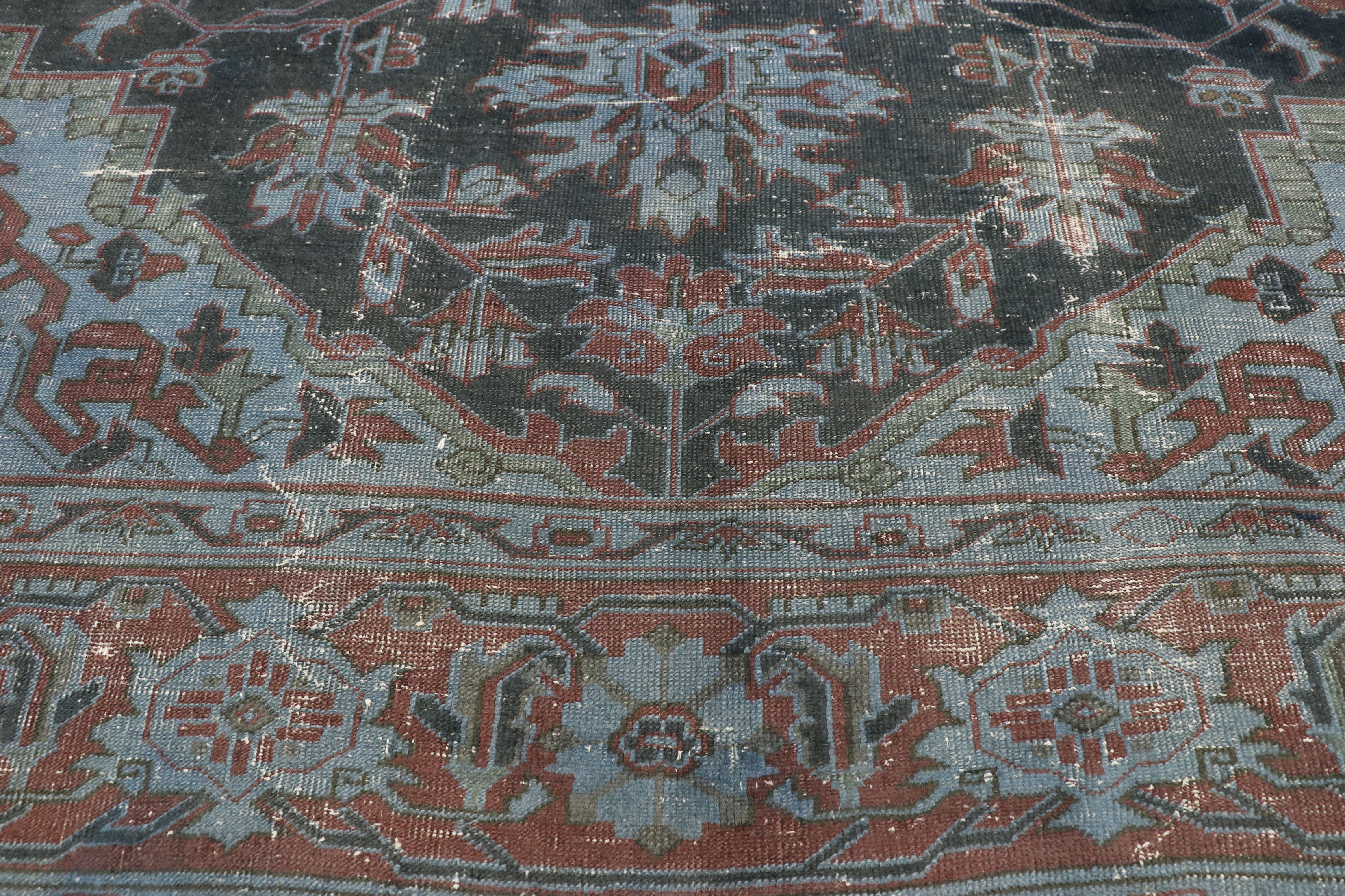 Hand-Knotted Distressed Antique Turkish Overdyed Rug with Heriz Design and Industrial Style For Sale