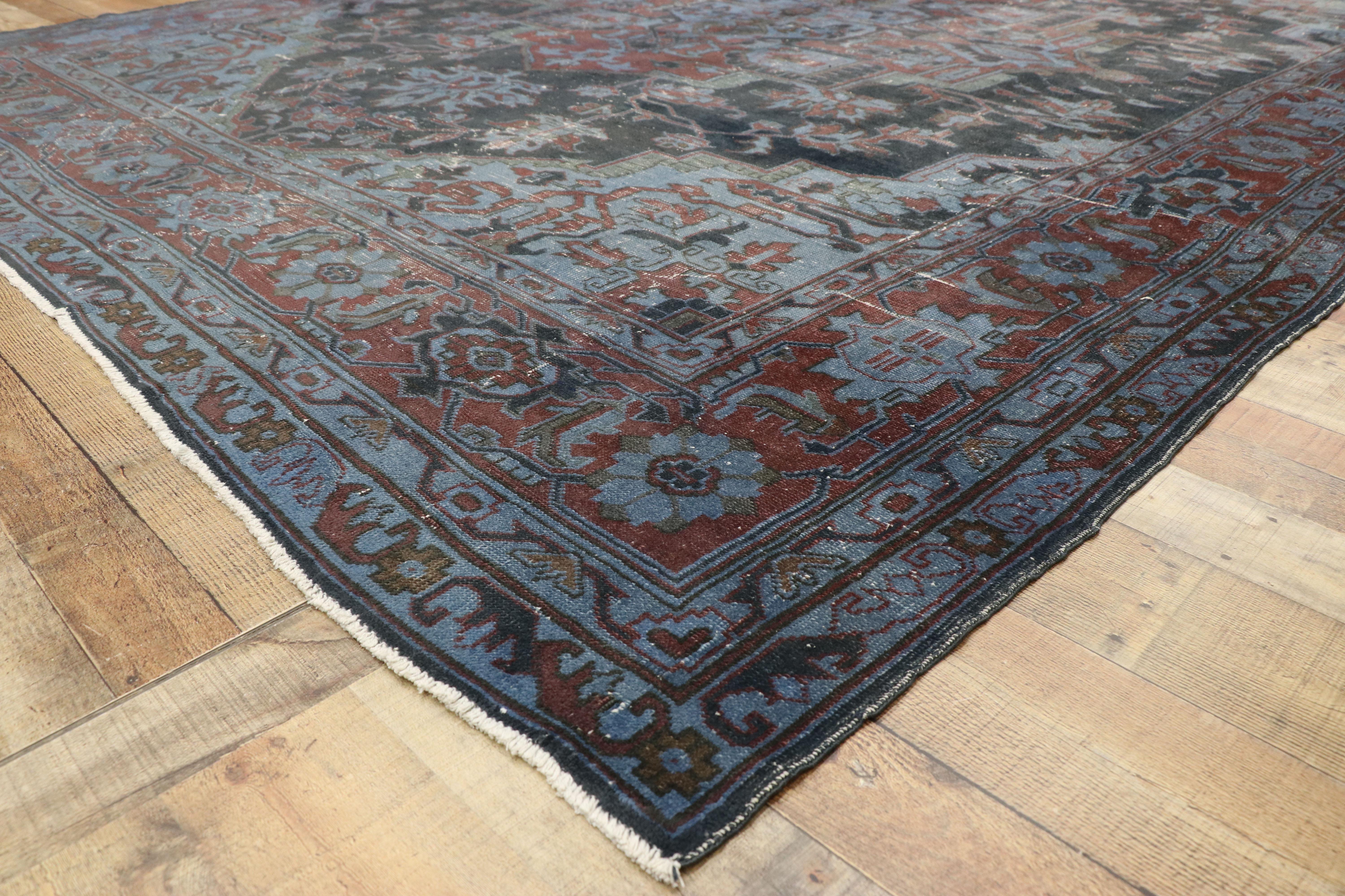 20th Century Distressed Antique Turkish Overdyed Rug with Heriz Design and Industrial Style For Sale