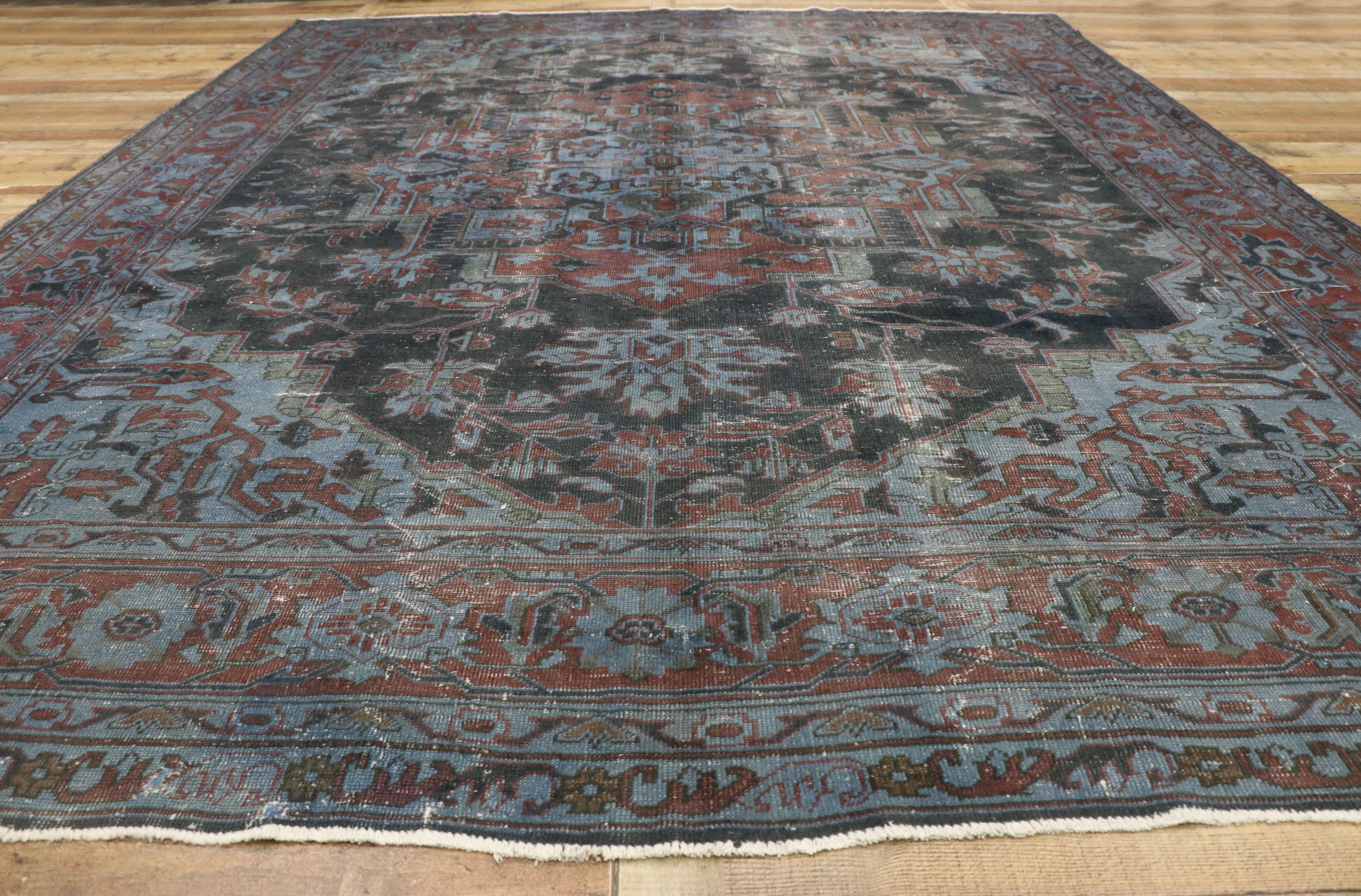 Wool Distressed Antique Turkish Overdyed Rug with Heriz Design and Industrial Style For Sale