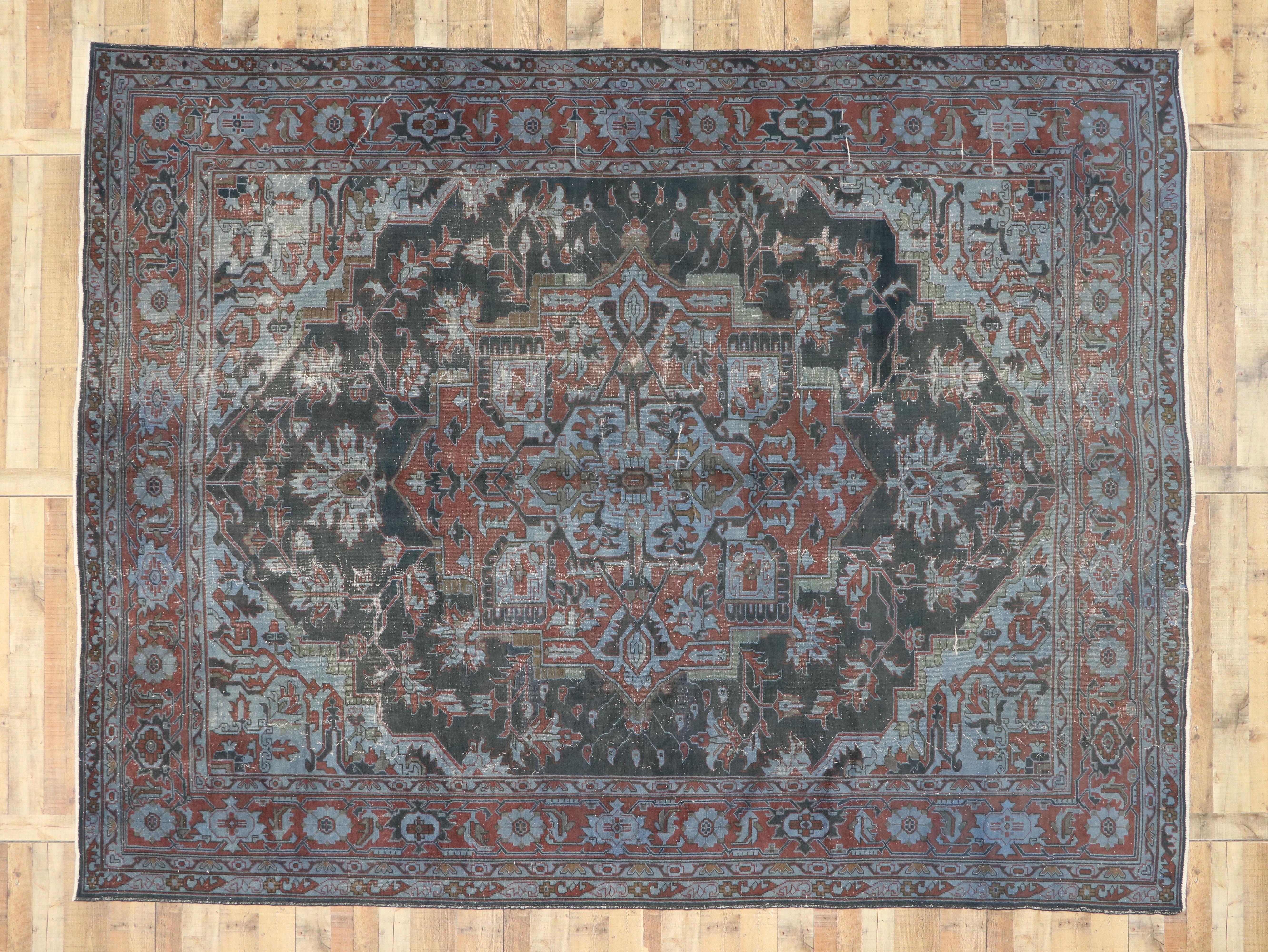 Distressed Antique Turkish Overdyed Rug with Heriz Design and Industrial Style For Sale 1