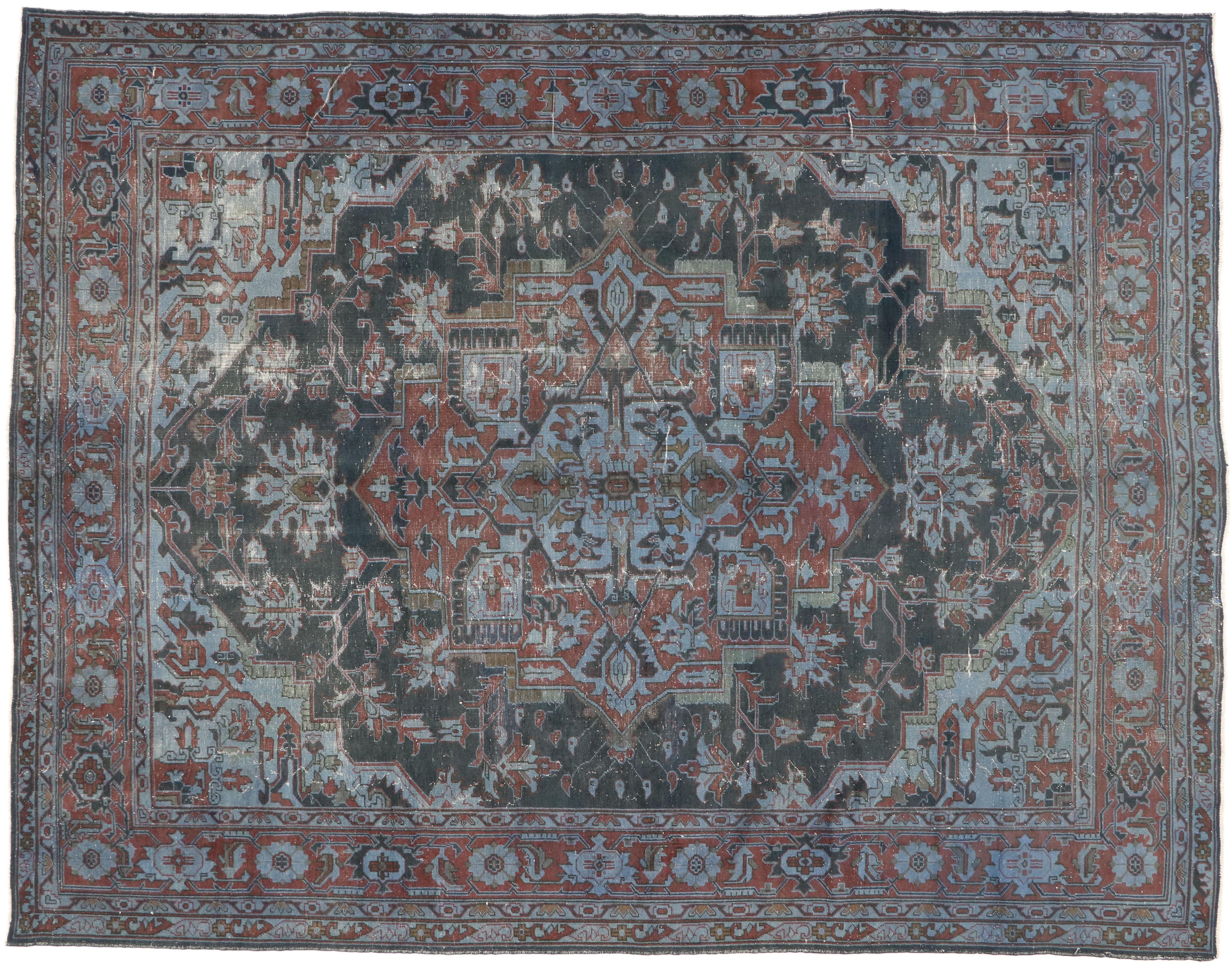 Distressed Antique Turkish Overdyed Rug with Heriz Design and Industrial Style For Sale 2