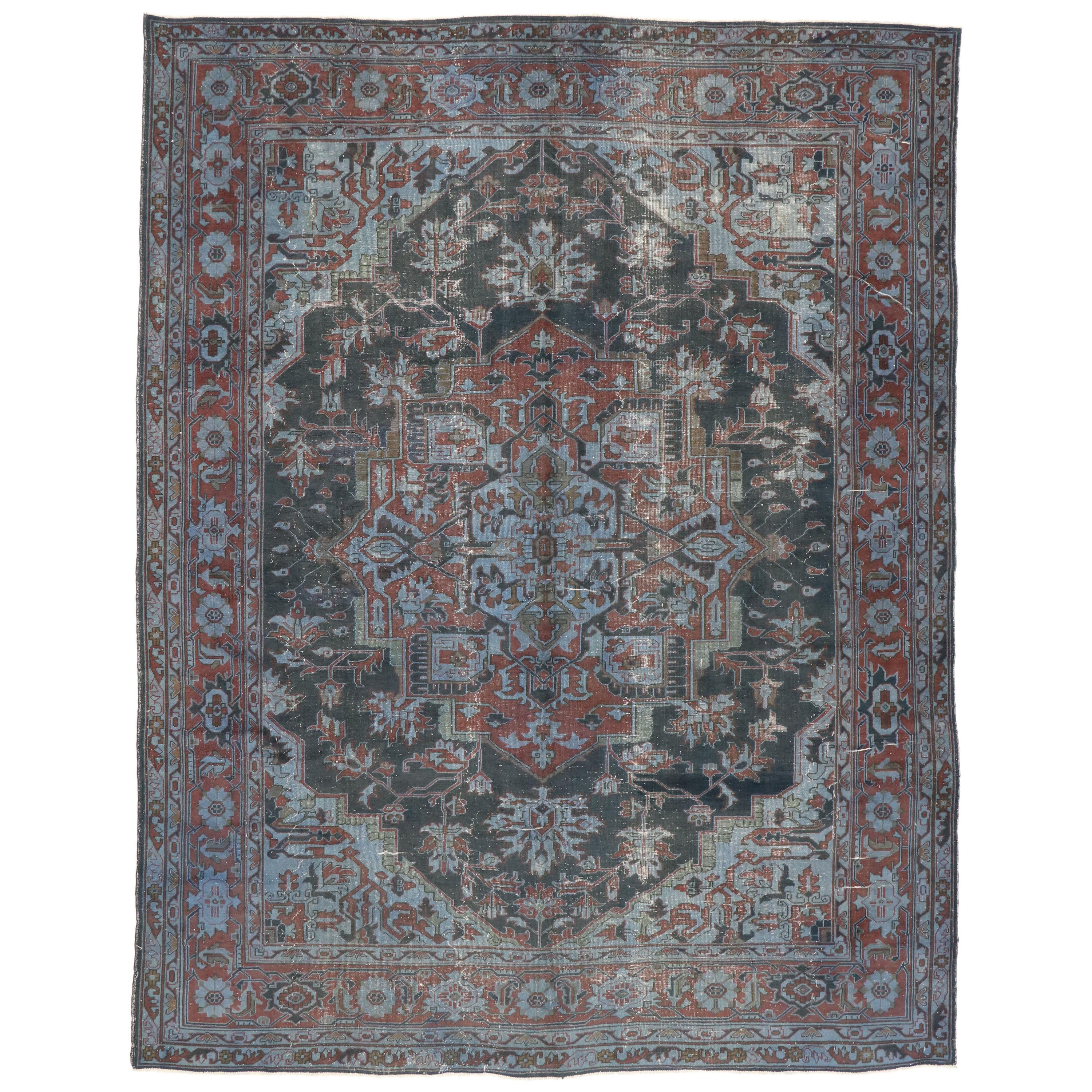 Distressed Antique Turkish Overdyed Rug with Heriz Design and Industrial Style For Sale