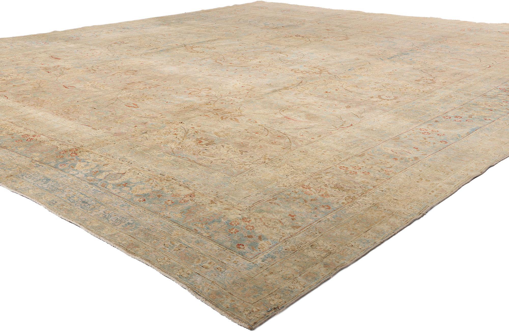52678 Late 19th Century Antique Persian Khorassan Rug, 12'07 x 14'03. Like a timeworn manuscript revealing the whispers of history, this hand-knotted wool distressed antique Persian Khorassan rug from the late 19th century exudes an ethereal