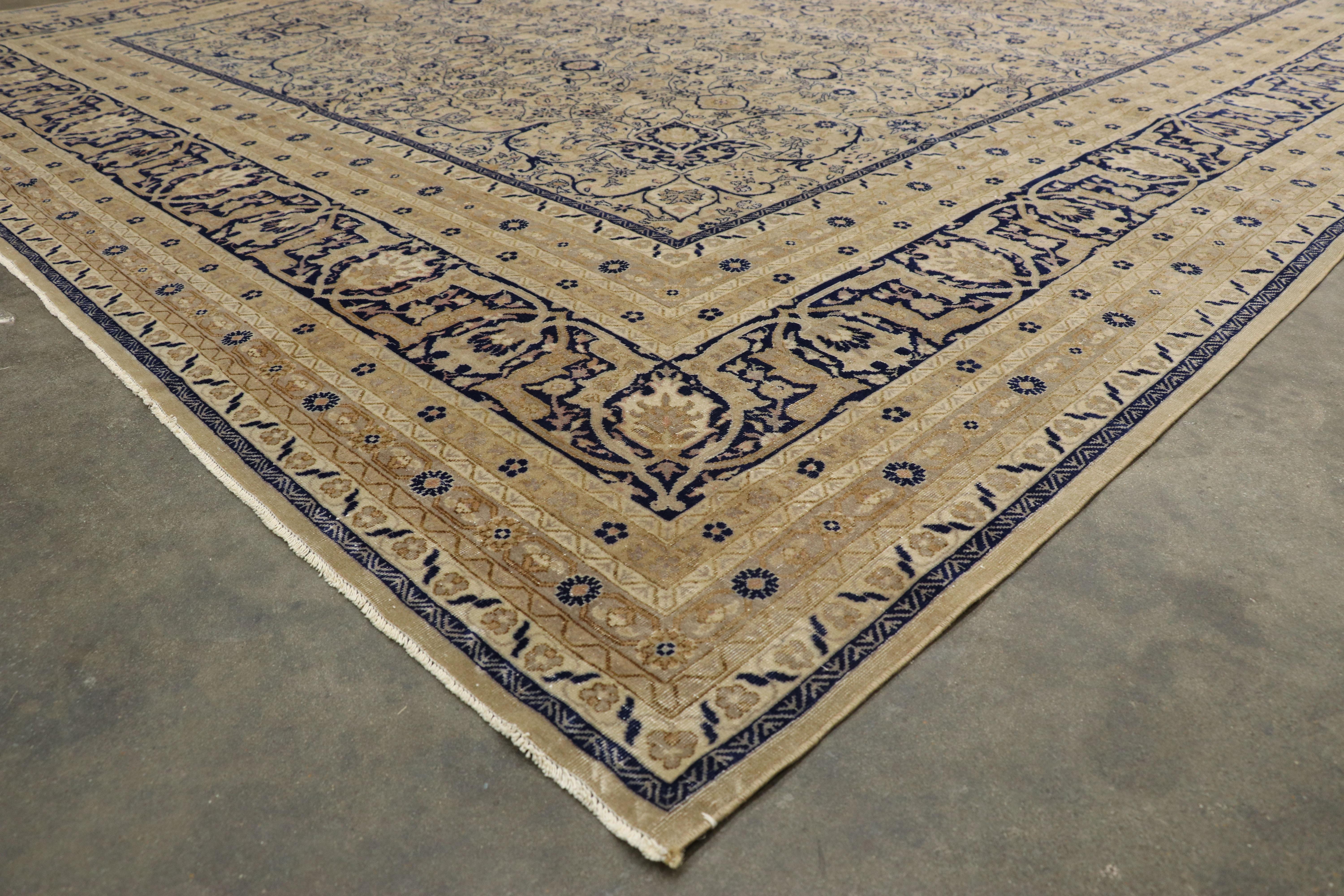 Hand-Knotted Distressed Antique Turkish Rug with British Colonial Style For Sale