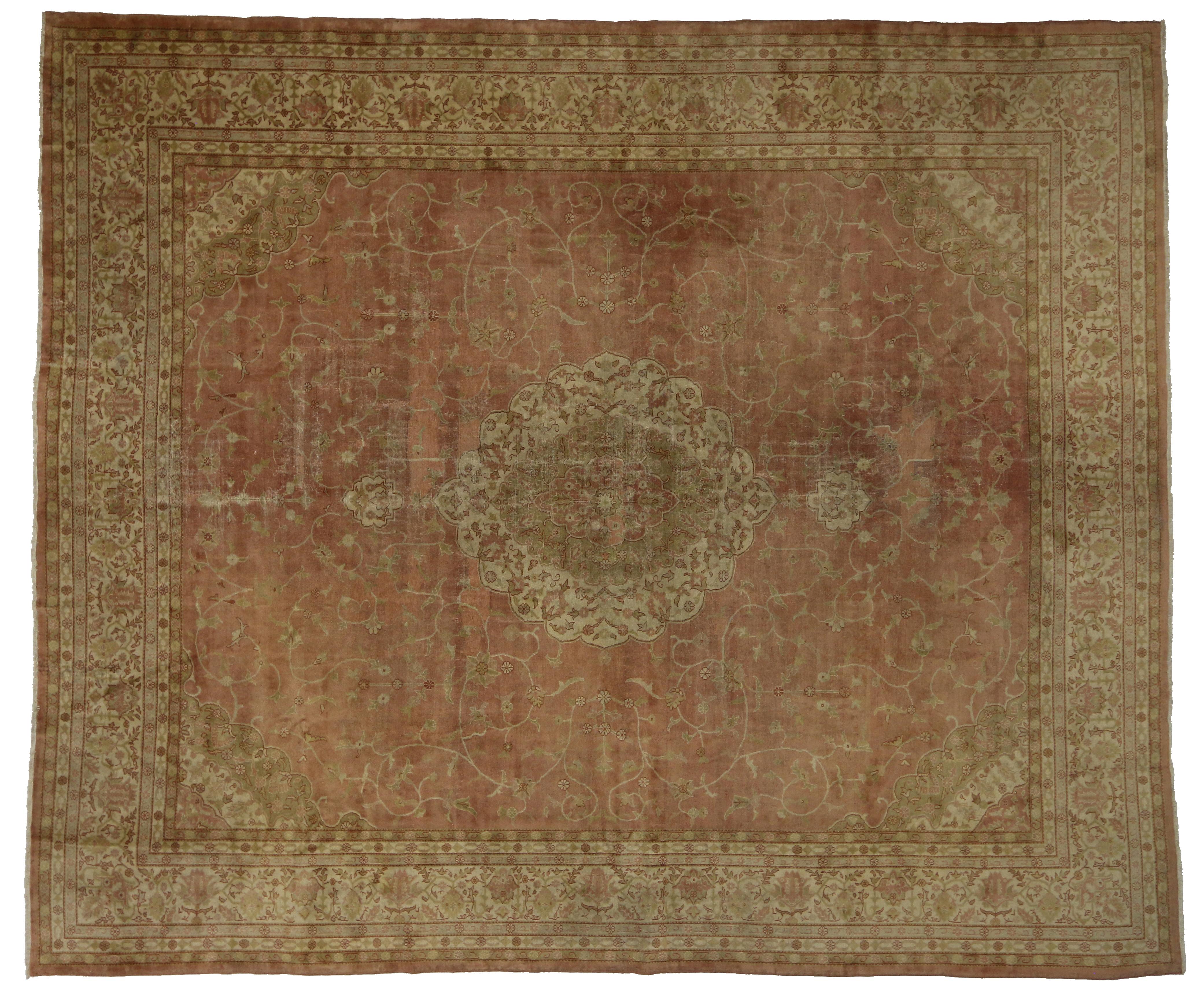 Arts and Crafts Distressed Antique Turkish Sivas Rug, Hotel Lobby Size Carpet For Sale