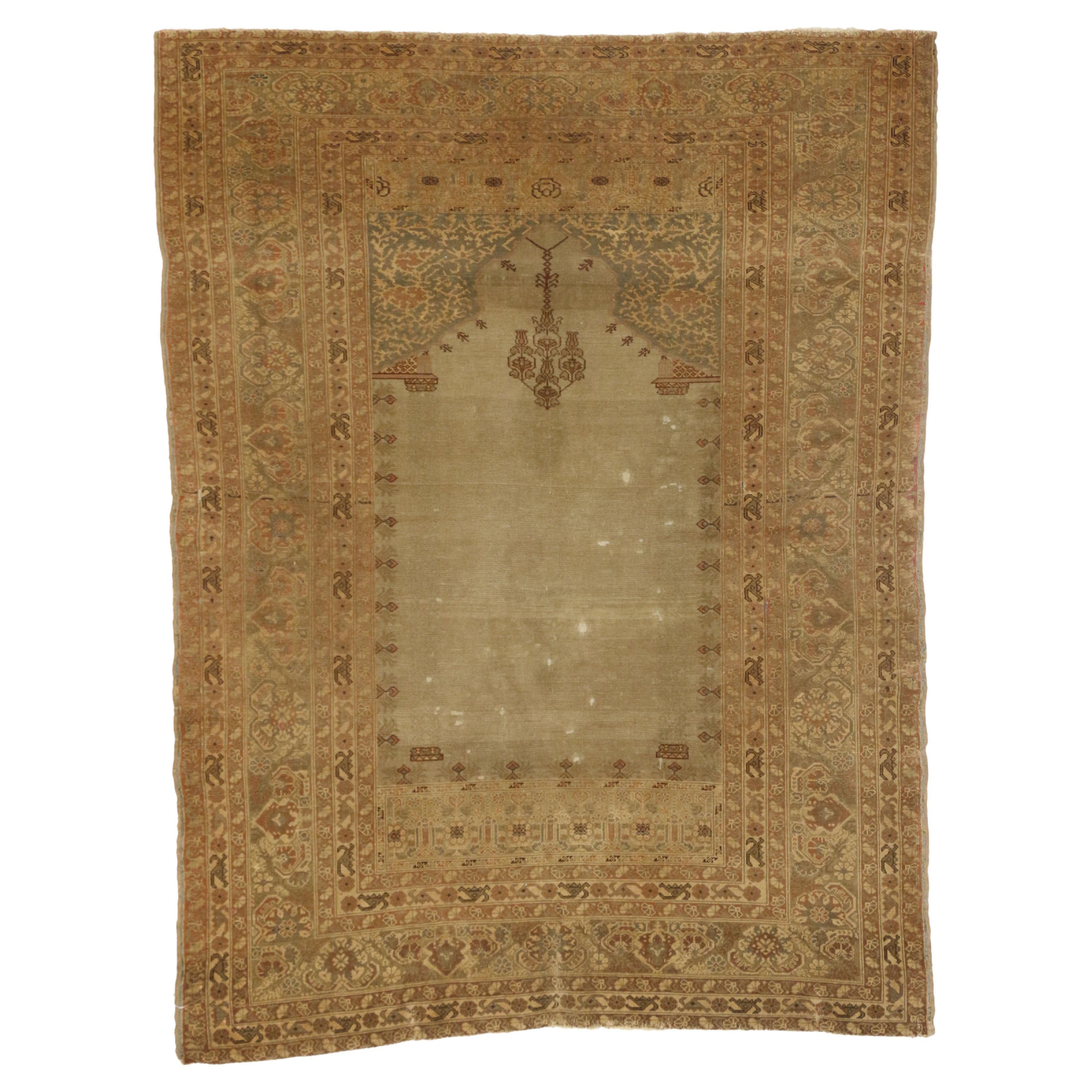 Tapis de prière turc antique Sivas vieilli et en mauvais état